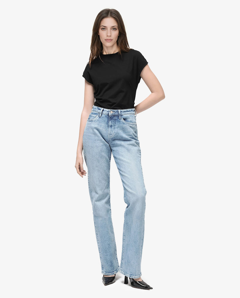 Rareism Women Osseo Pastel Blue Cotton Elastane Fabric Solid Regular Length Jeans