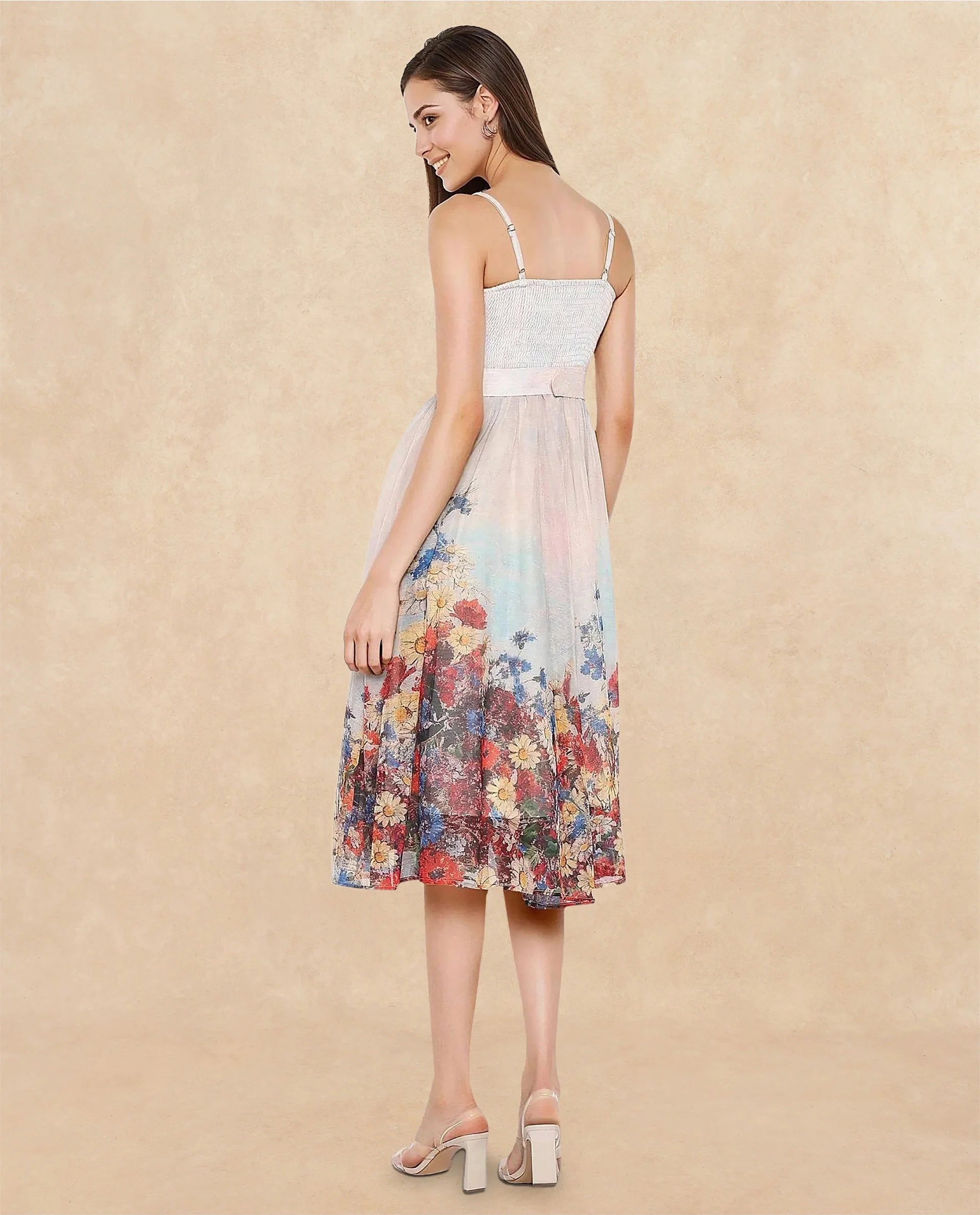 Rareism Women Osthu Light Multi Poly Blend Fabric Sleeveless Tube Neck Midi Floral Print Dress