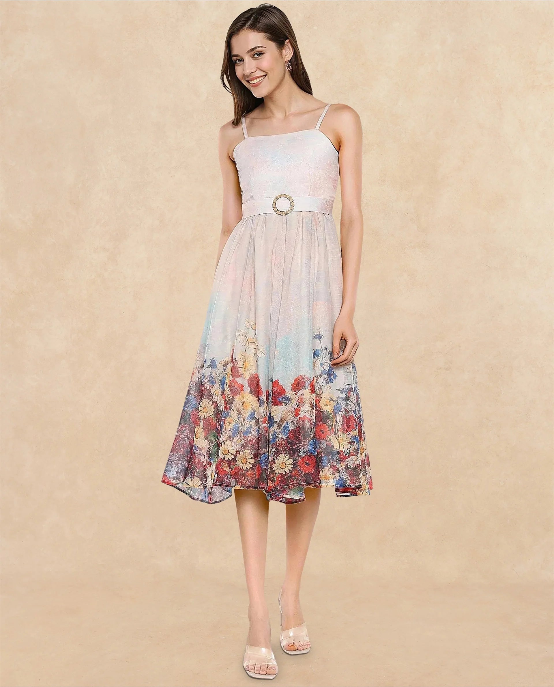 Rareism Women Osthu Light Multi Poly Blend Fabric Sleeveless Tube Neck Midi Floral Print Dress