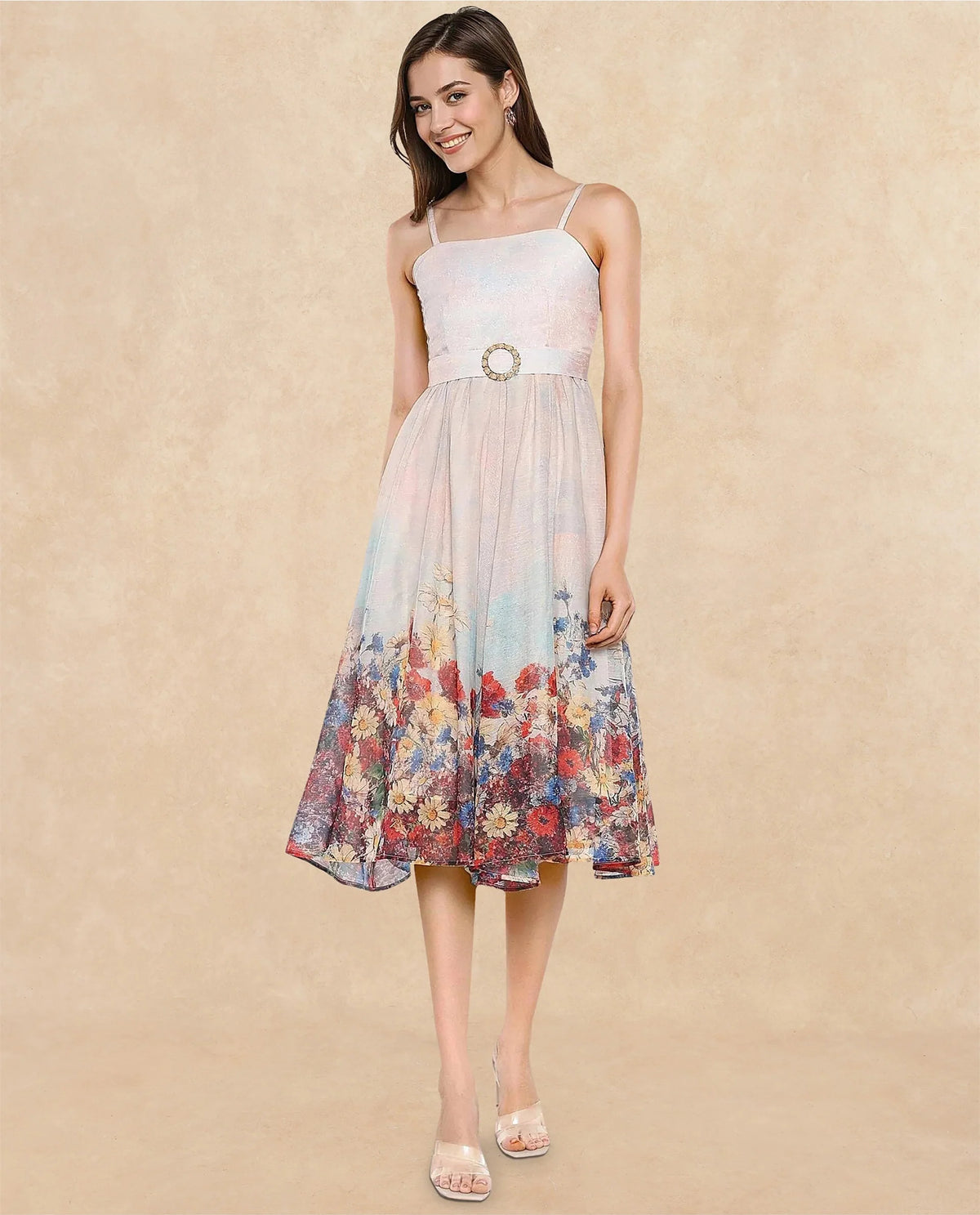 Rareism Women Osthu Light Multi Poly Blend Fabric Sleeveless Tube Neck Midi Floral Print Dress