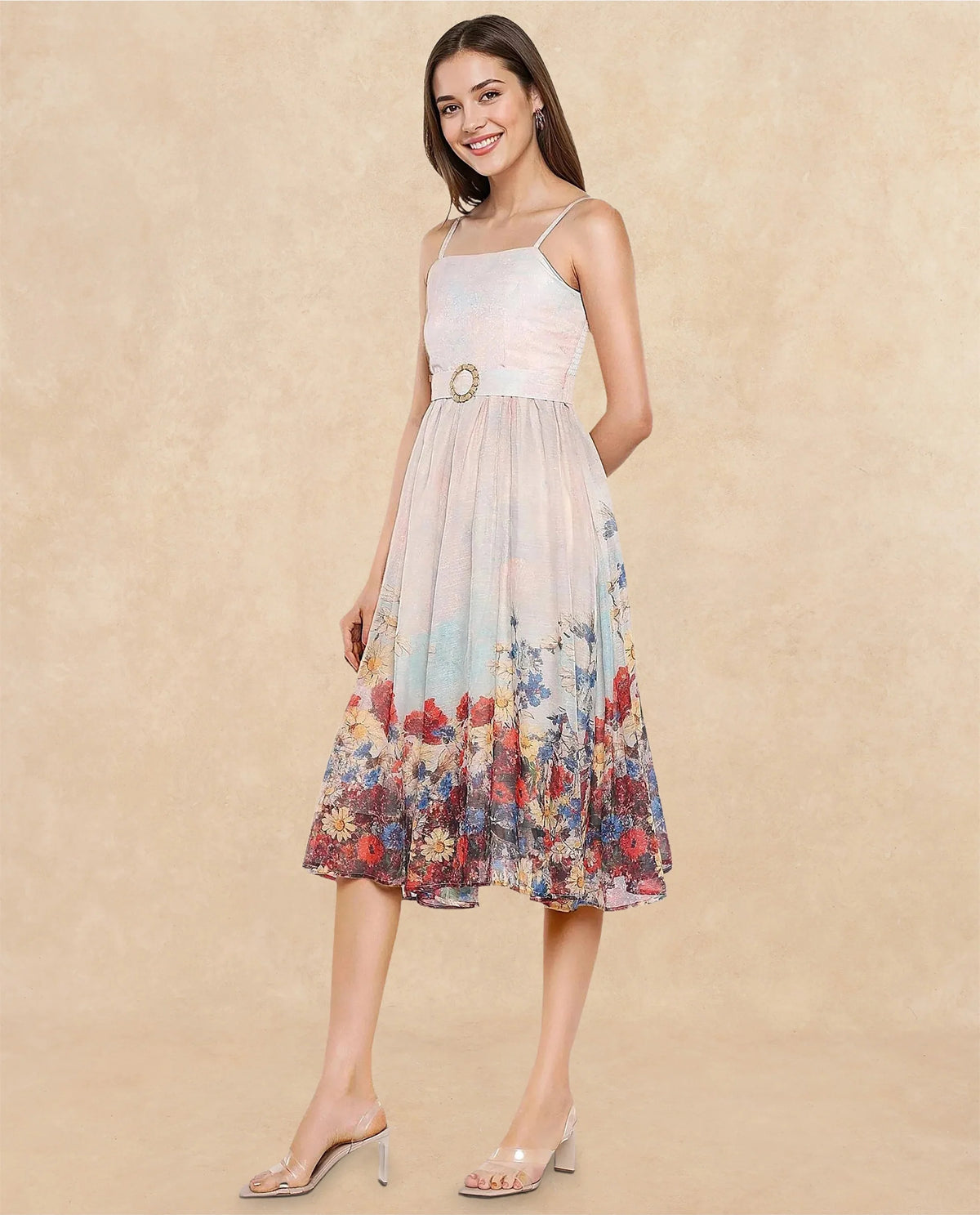 Rareism Women Osthu Light Multi Poly Blend Fabric Sleeveless Tube Neck Midi Floral Print Dress