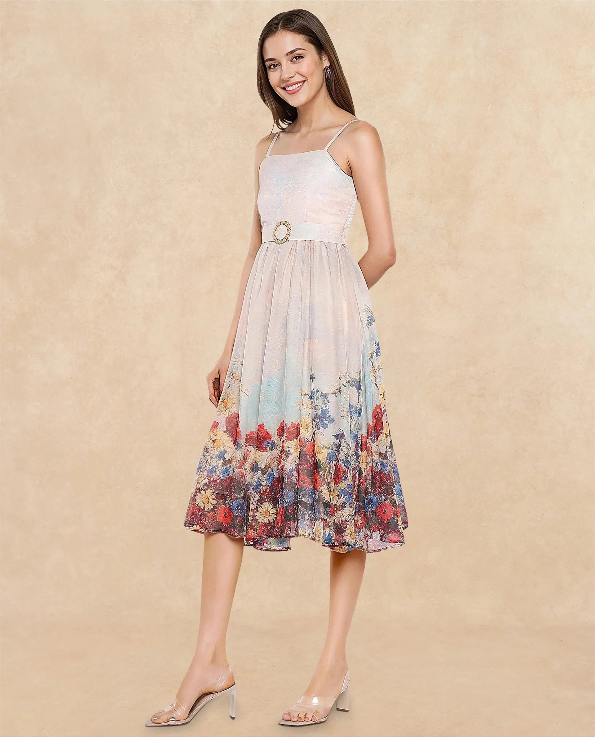 Rareism Women's Osthu Light Multi Polyester Blend Tube Neck Floral Print Sleeveless Midi Fit And Flare Dress