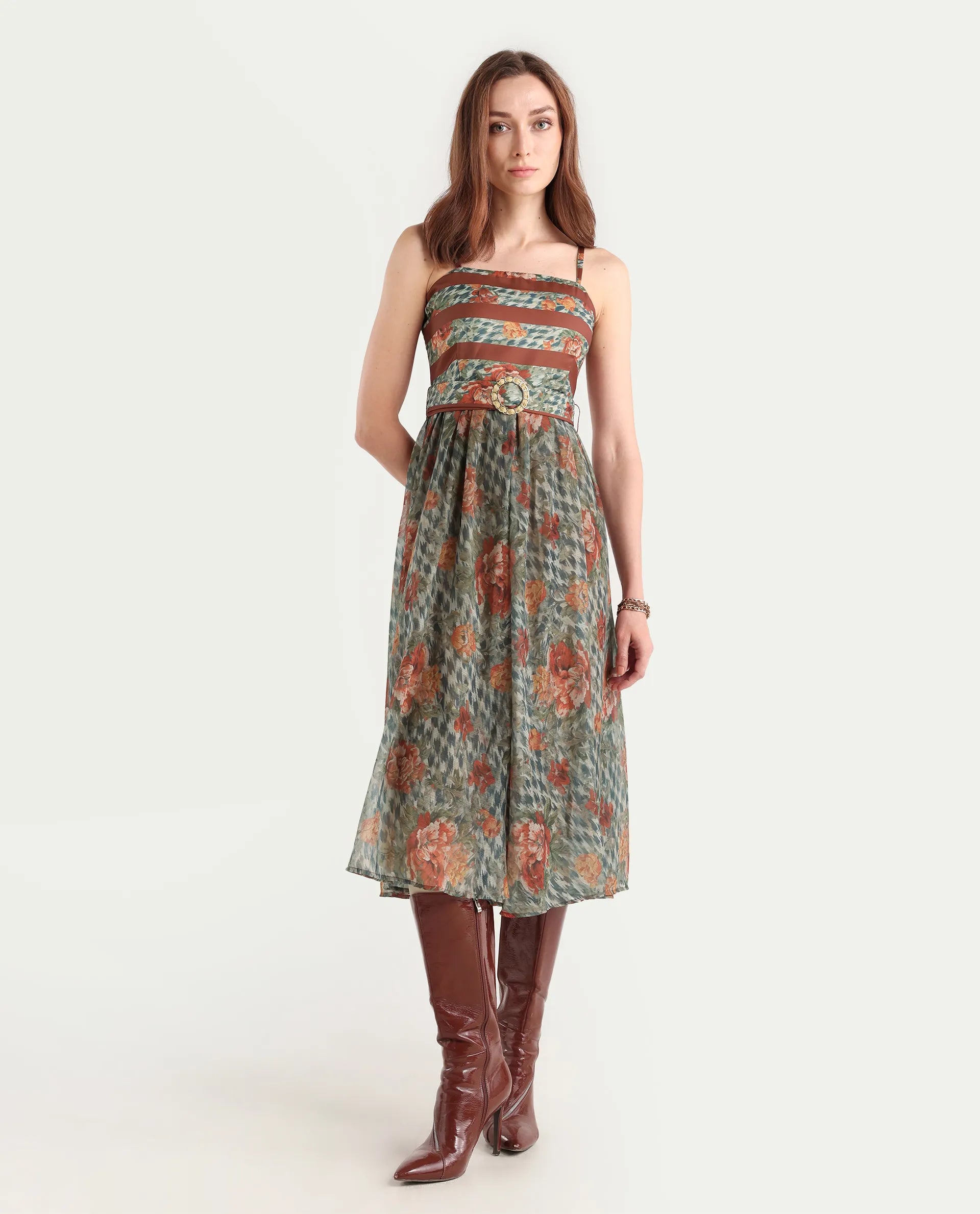 Rareism Women's Ostig Multi Satin Tube Neck Floral Print Sleeveless Midi Fit And Flare Dress