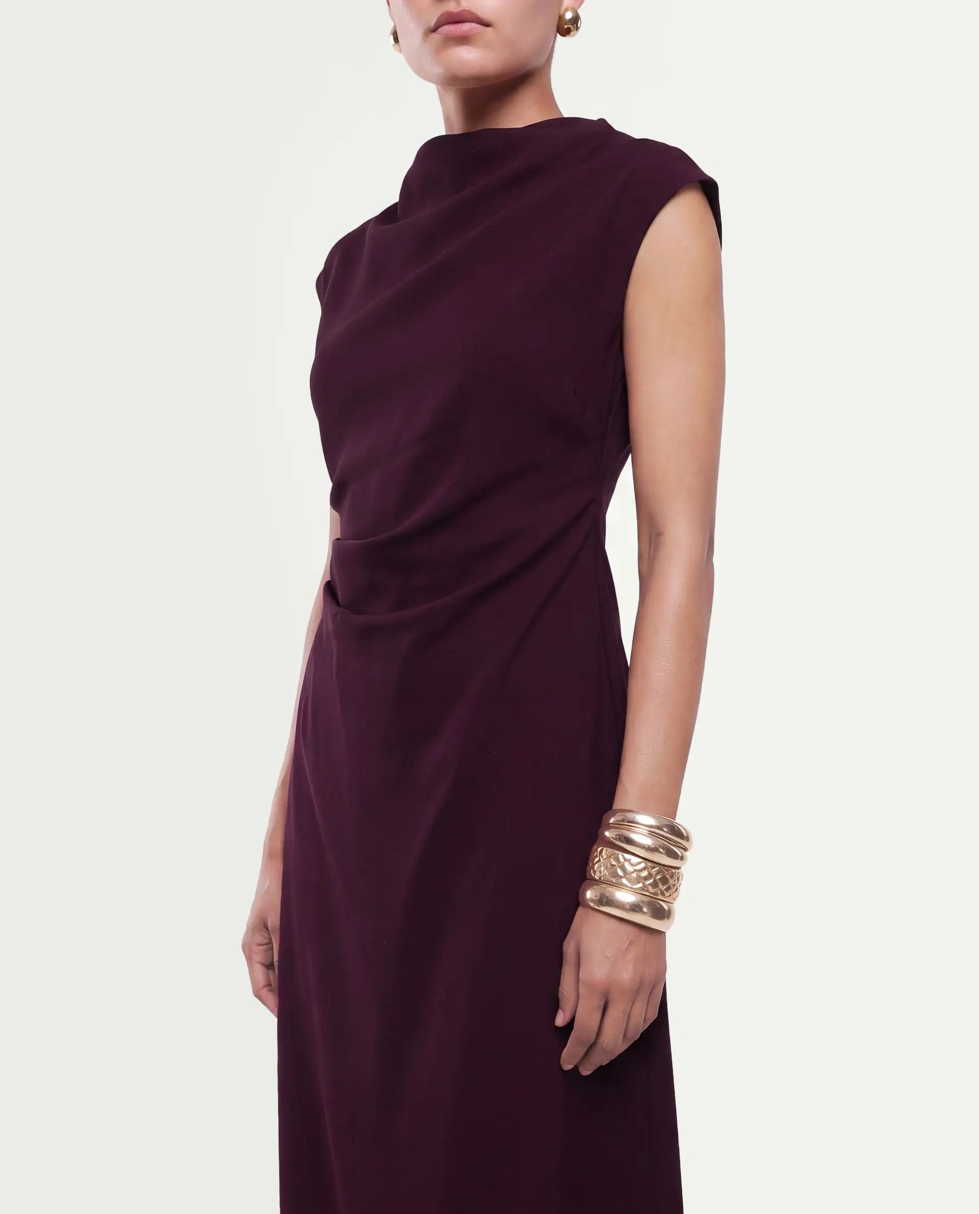 Rareism Women's Otim Maroon Polyester Button And Zip A-Line Plain Dress