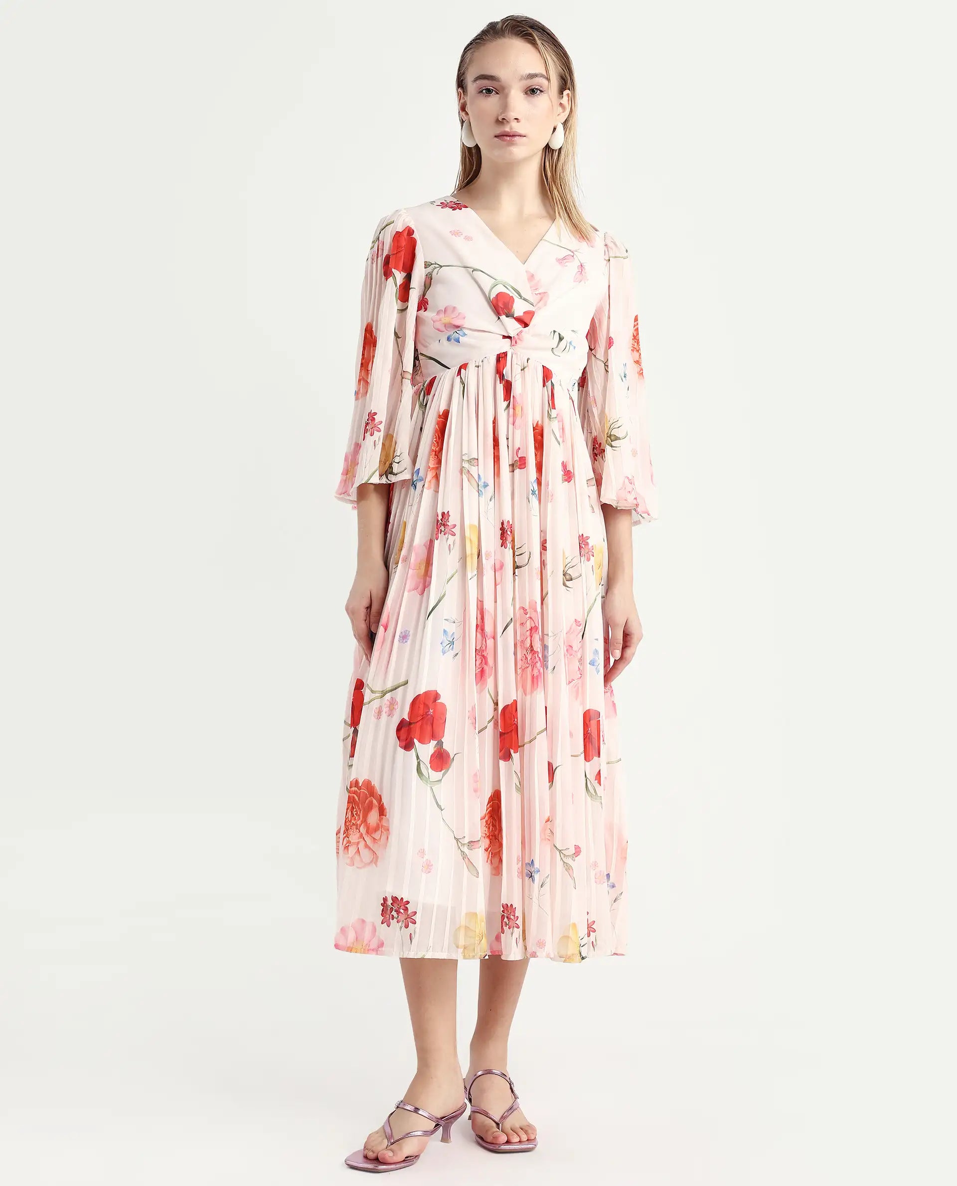 Rareism Women's Otto White Polyester V-Neck Floral Print Bell Sleeve Midi Fit And Flare Dress