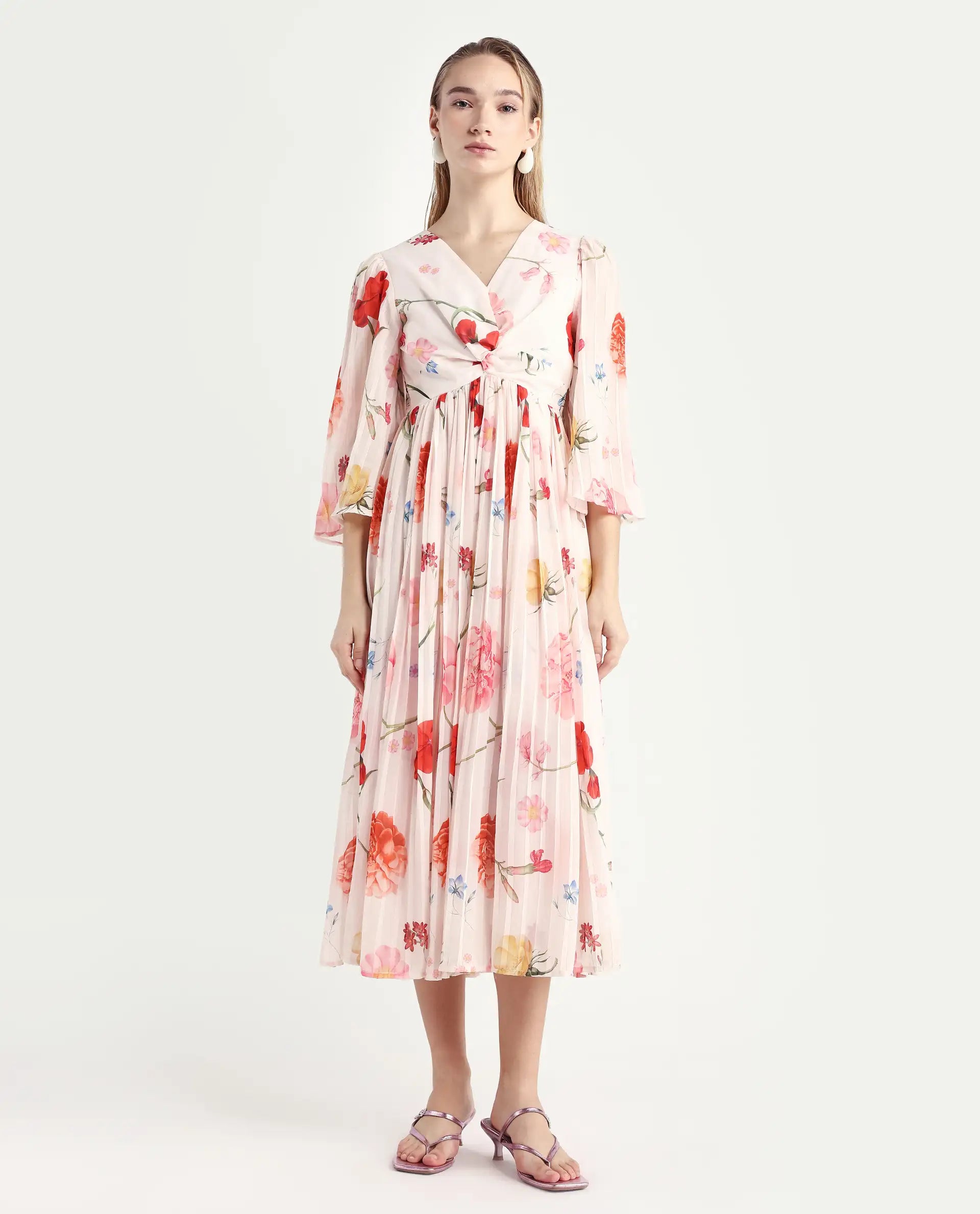 Rareism Women's Otto White Polyester V-Neck Floral Print Bell Sleeve Midi Fit And Flare Dress