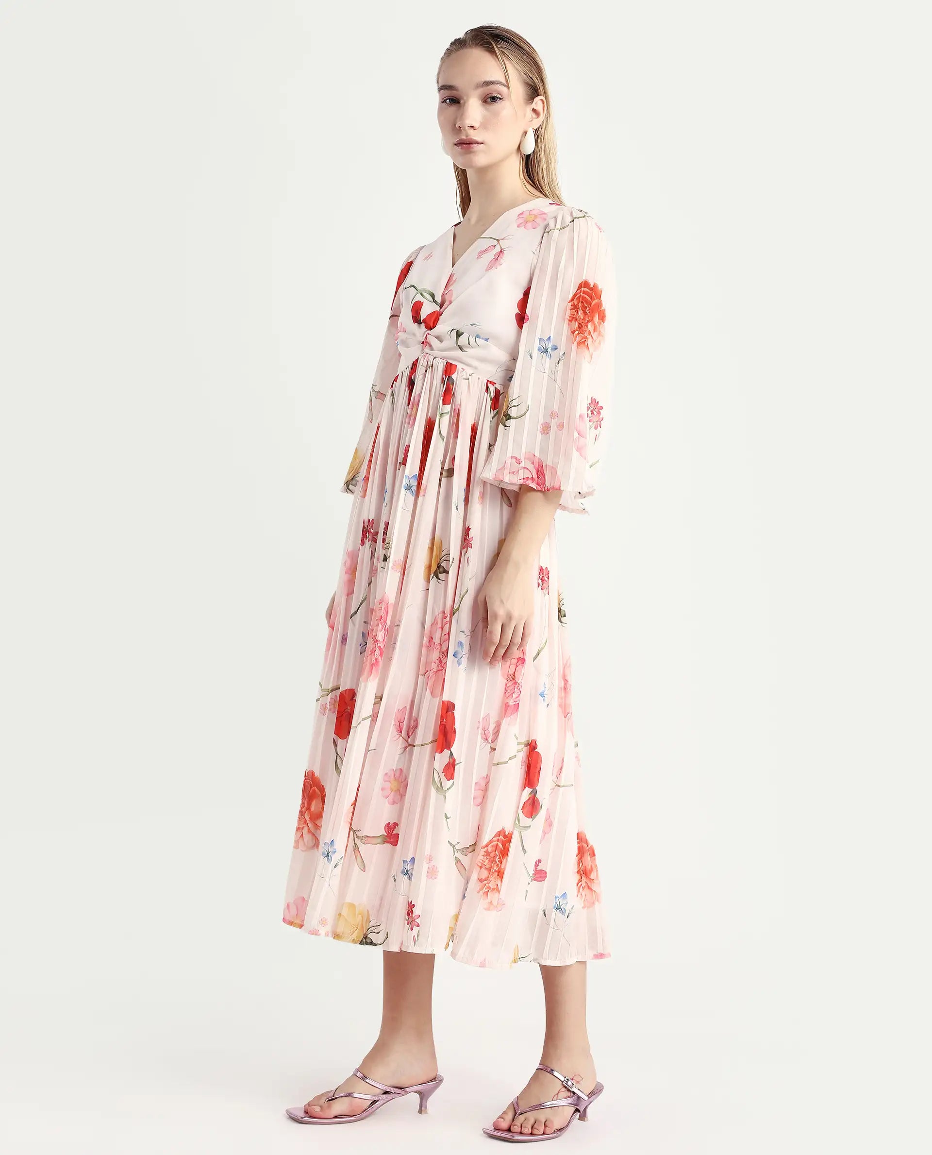 Rareism Women's Otto White Polyester V-Neck Floral Print Bell Sleeve Midi Fit And Flare Dress