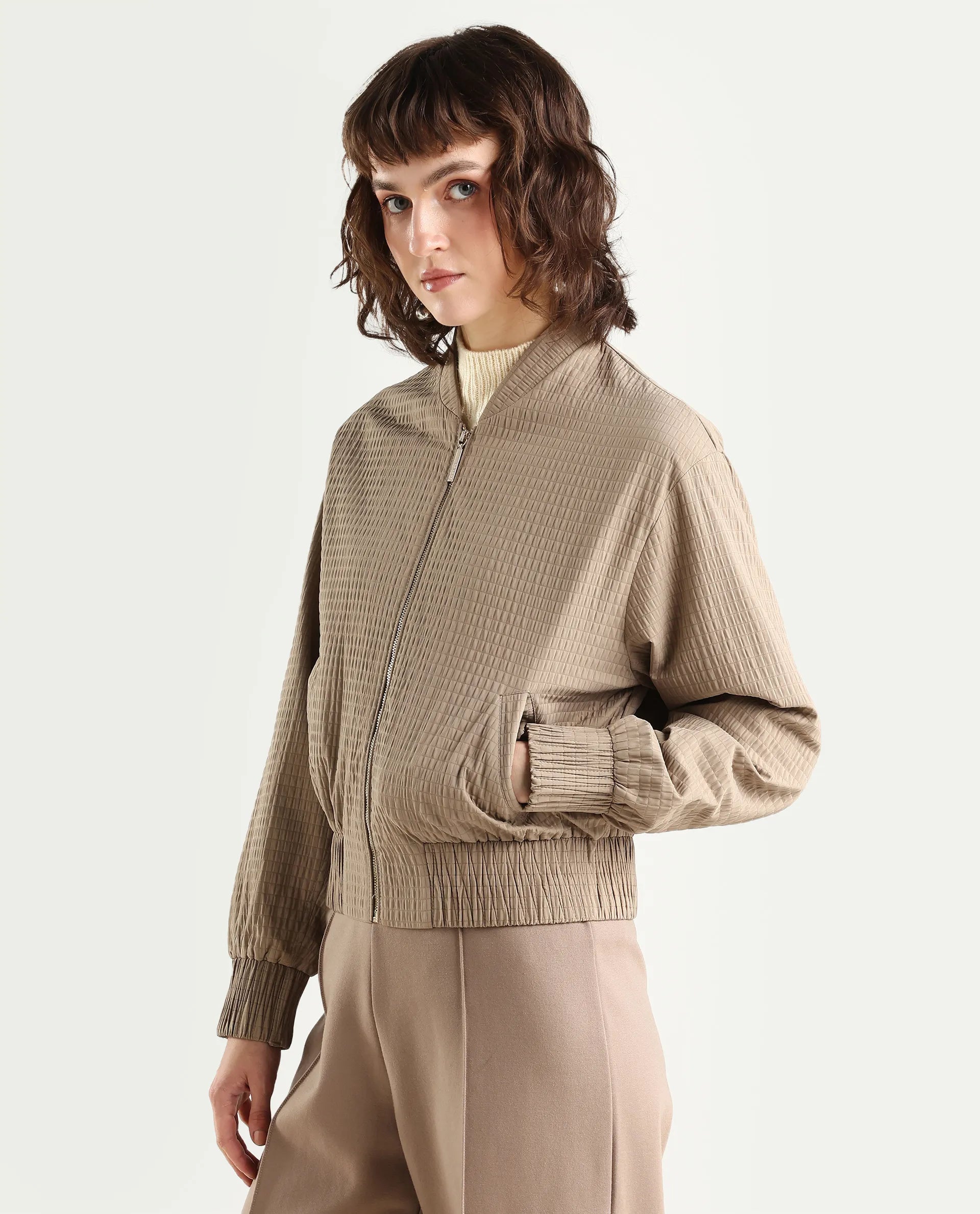 Rareism Women's Omri Cement Polyester Mandrin Collar Regular Plain Jacket