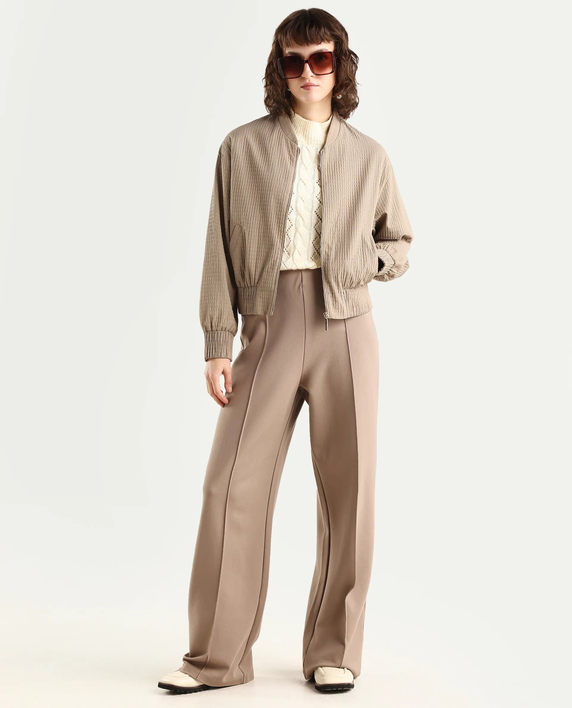 Rareism Women's Omri Cement Polyester Mandrin Collar Regular Plain Jacket