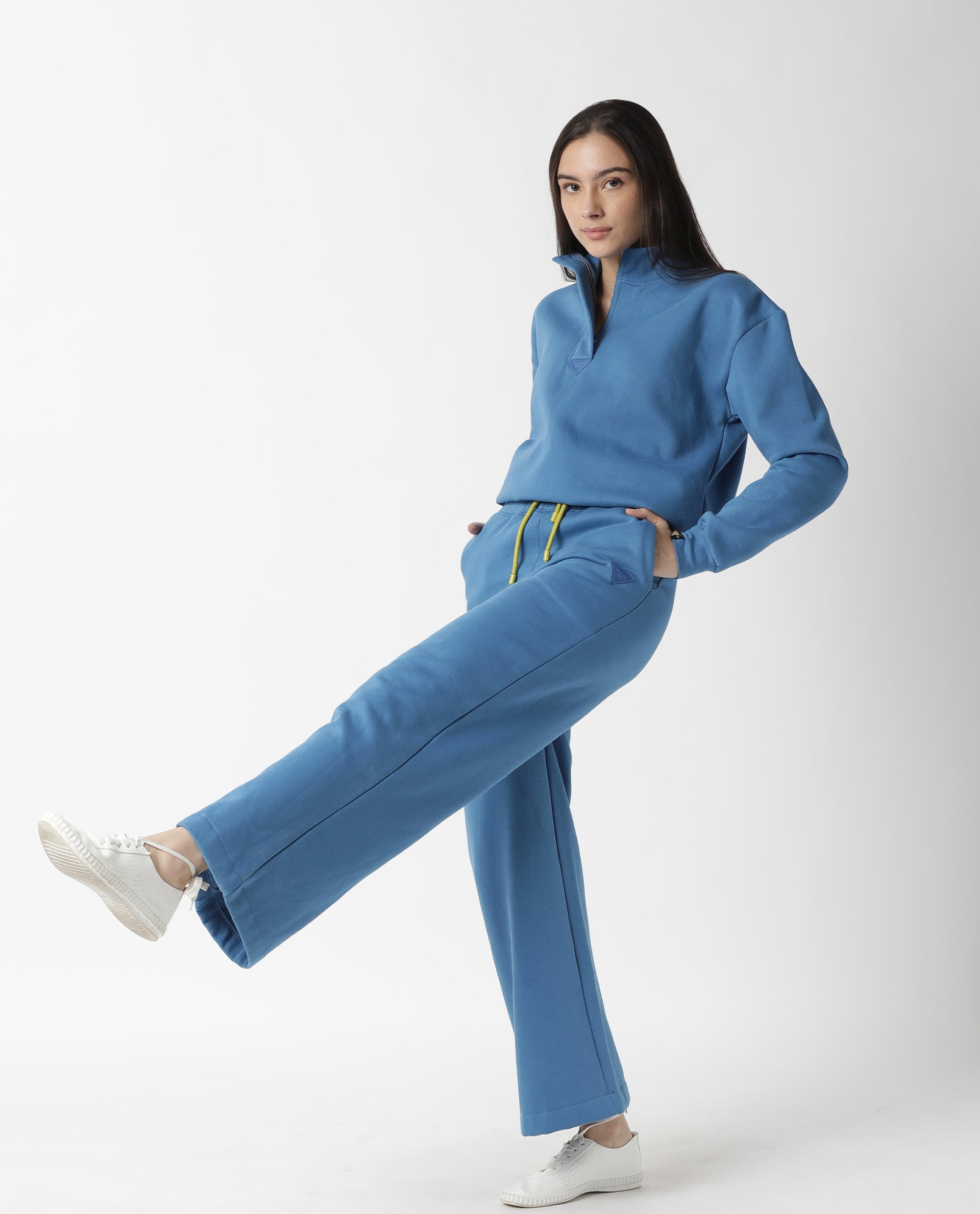 Rareism Women Pazo-1 Blue Poly Cotton Fabric Relaxed Fit Solid Mid Rise Ankle Length Track Pant