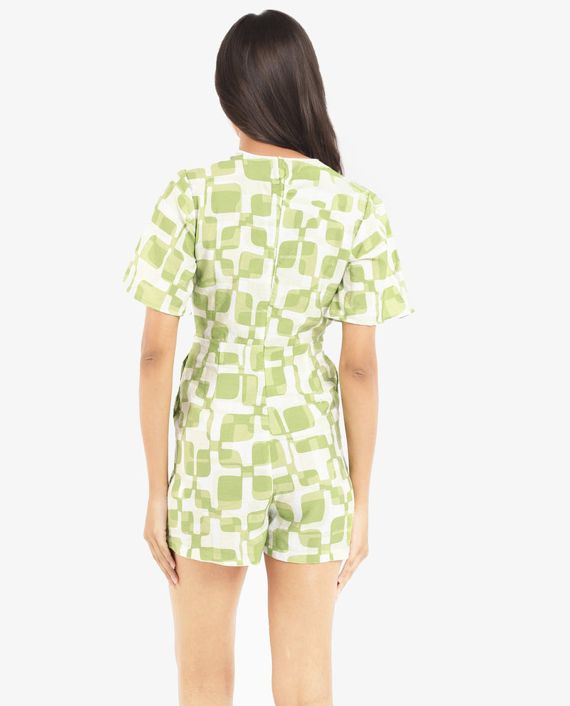 Rareism Women Padua Light Green Bishop Sleeve V-Neck  Mini Geometric Print Play Suit