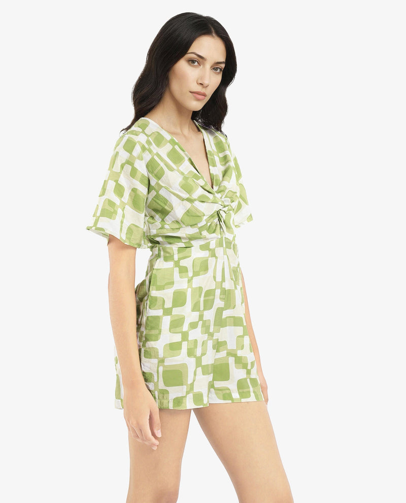 Rareism Women Padua Light Green Bishop Sleeve V-Neck  Mini Geometric Print Play Suit