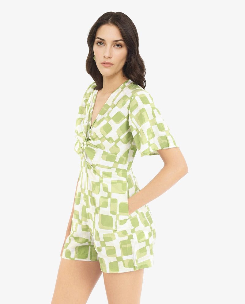 Rareism Women Padua Light Green Bishop Sleeve V-Neck  Mini Geometric Print Play Suit