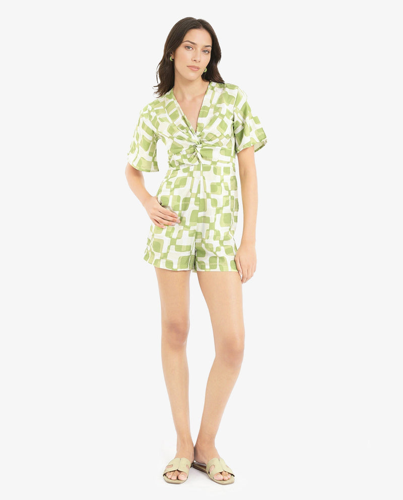 Rareism Women Padua Light Green Bishop Sleeve V-Neck  Mini Geometric Print Play Suit