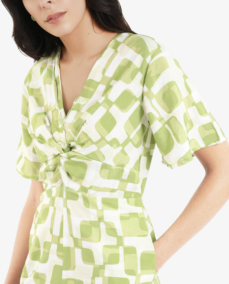 Rareism Women Padua Light Green Bishop Sleeve V-Neck  Mini Geometric Print Play Suit