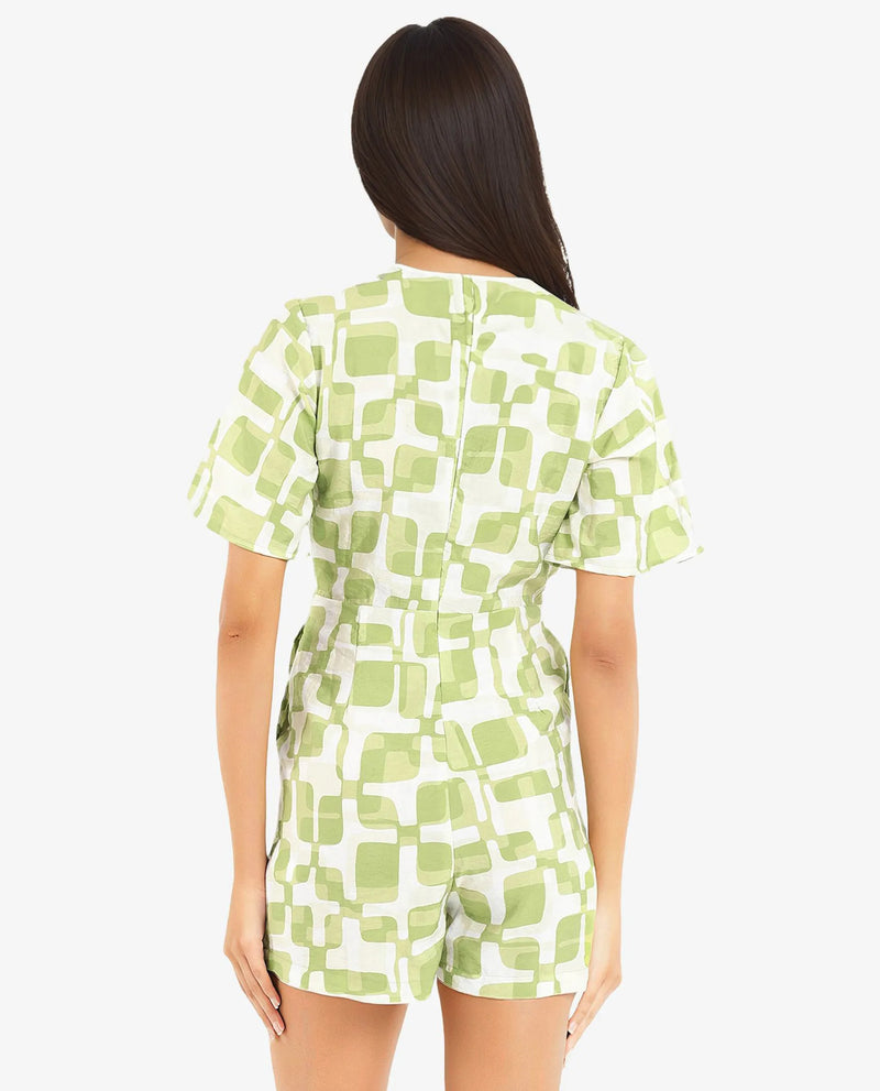 Rareism Women Padua Light Green Bishop Sleeve V-Neck  Mini Geometric Print Play Suit