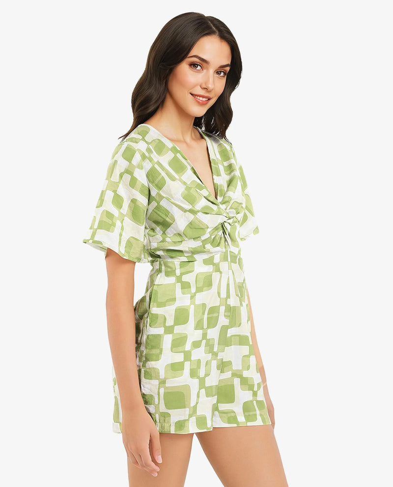 Rareism Women Padua Light Green Bishop Sleeve V-Neck  Mini Geometric Print Play Suit