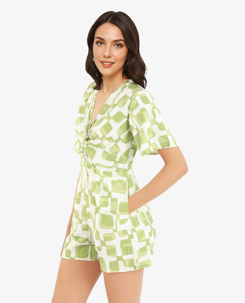 Rareism Women Padua Light Green Bishop Sleeve V-Neck  Mini Geometric Print Play Suit