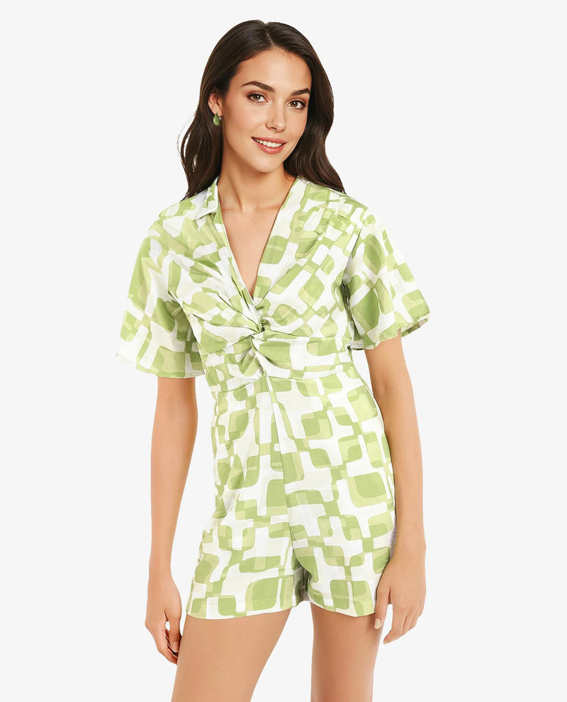 Rareism Women Padua Light Green Bishop Sleeve V-Neck  Mini Geometric Print Play Suit