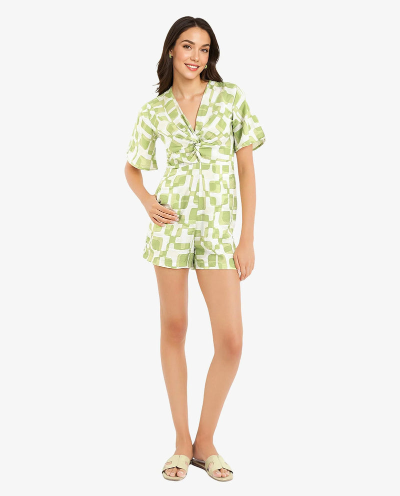 Rareism Women Padua Light Green Bishop Sleeve V-Neck  Mini Geometric Print Play Suit