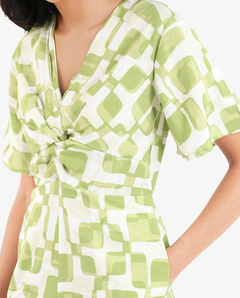 Rareism Women Padua Light Green Bishop Sleeve V-Neck  Mini Geometric Print Play Suit