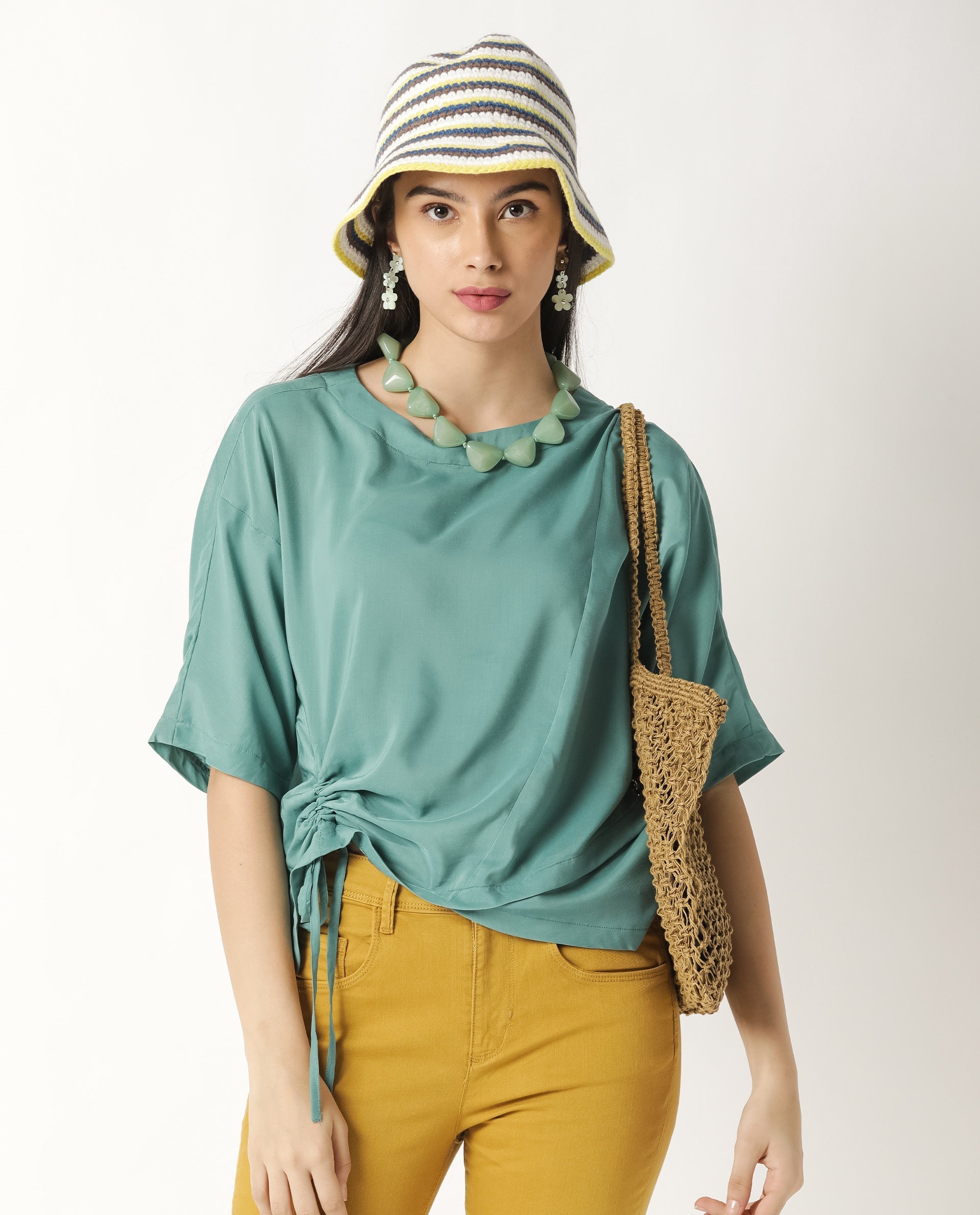 Rareism Women Paecos Green Polyester Fabric Regular Fit Boat Neck 3/4Th Sleeves Solid Top