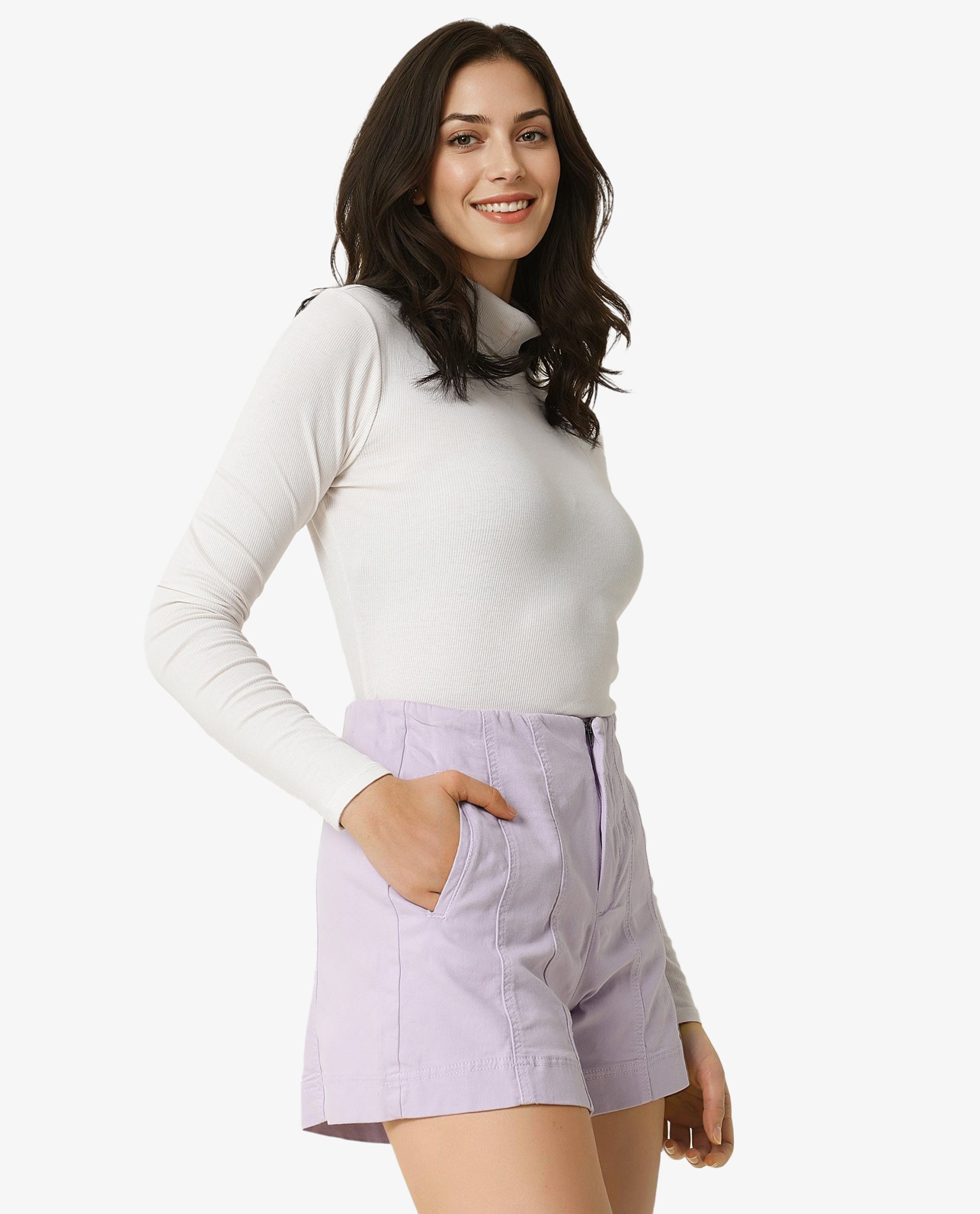 Rareism Women Painted Pastel Purple Cotton Lycra Fabric Regular Fit Solid High Rise Shorts
