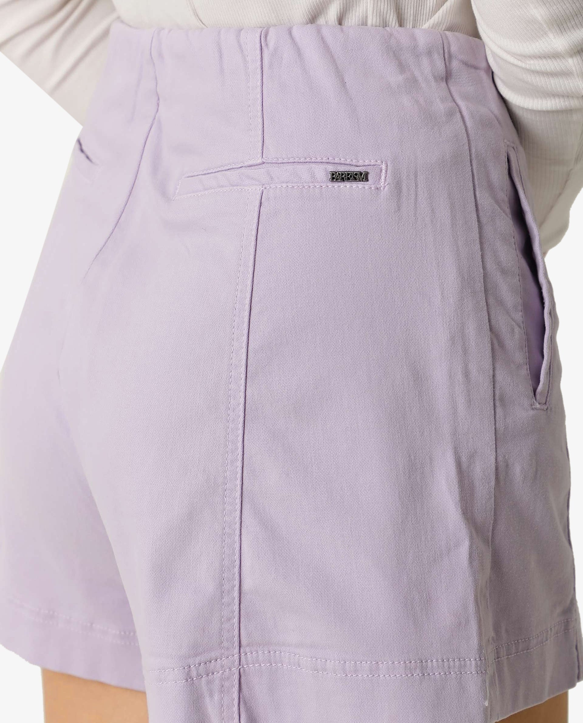 Rareism Women Painted Pastel Purple Cotton Lycra Fabric Regular Fit Solid High Rise Shorts