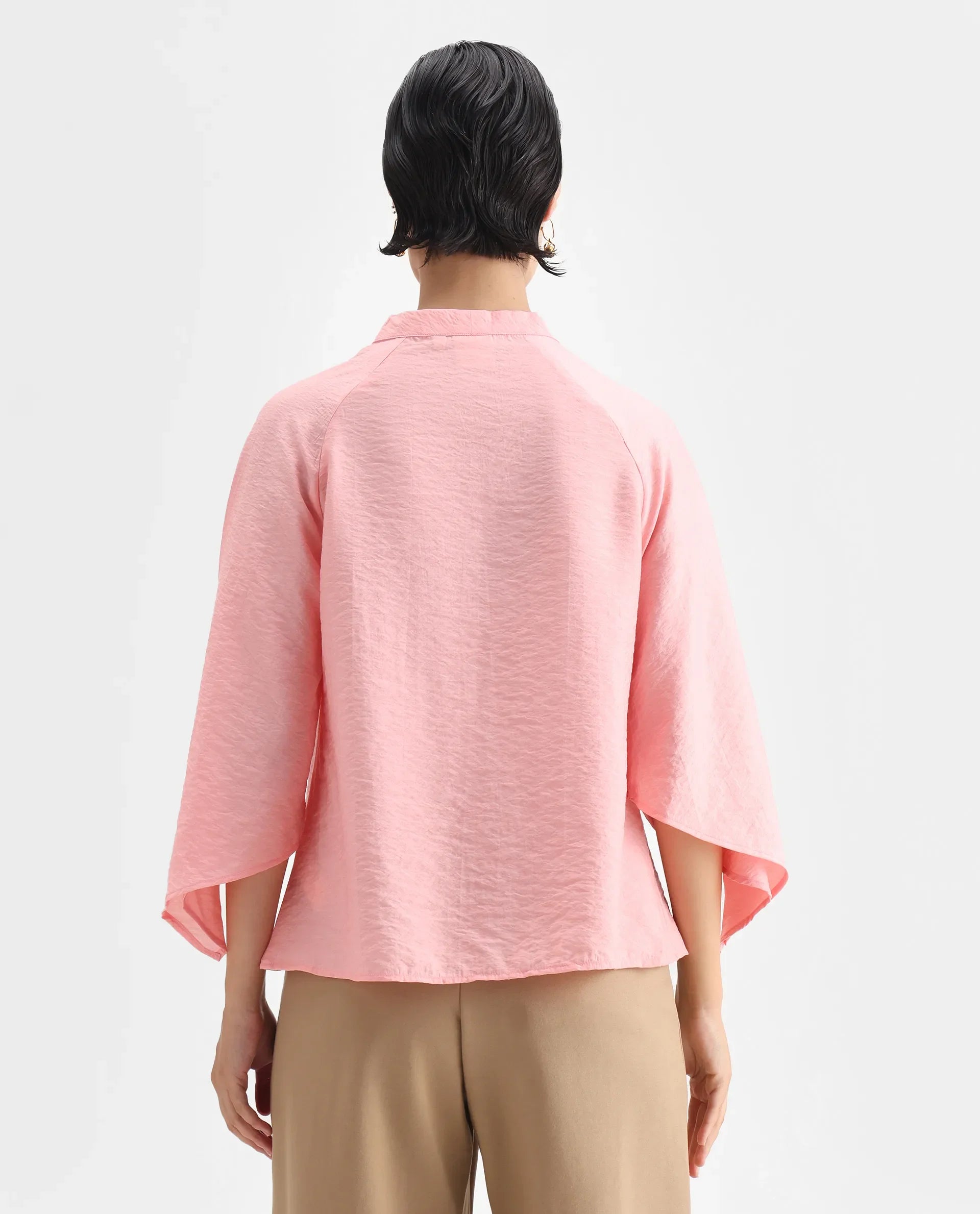 Rareism Women's Palak Light Peach Nylon Blend V-Neck Plain Raglan Sleeve Regular Fit Top