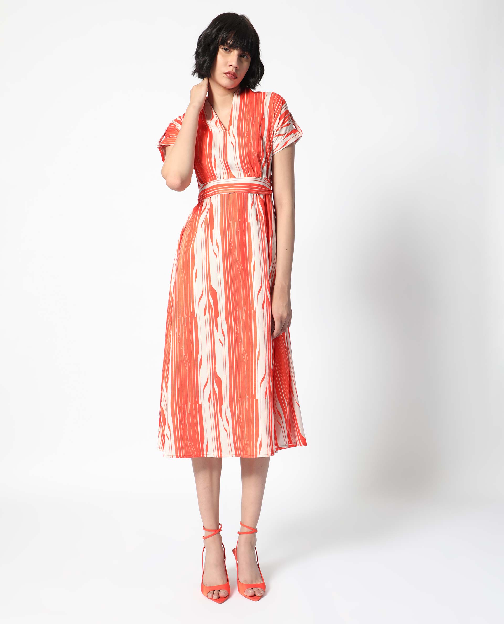 Stylised Neck A Line Dress - Red