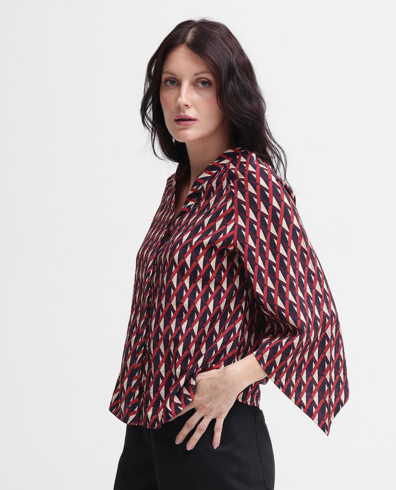 Rareism Women Palin Dark Multi Raglan Sleeves V-Neck Button Geometric Print Top