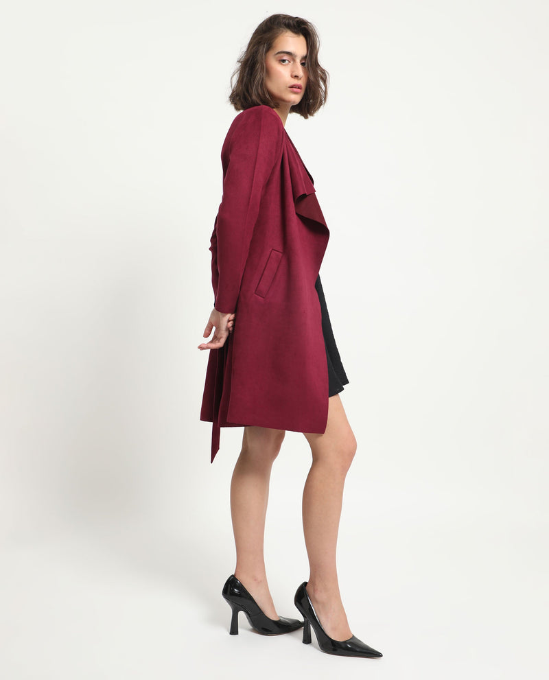 Rareism Women Palmer 1 Maroon Polyester Fabric Full Sleeves Cut Away Collar Relaxed Fit Plain Knee Length Jacket