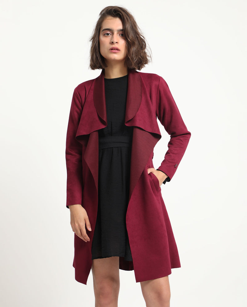 Rareism Women Palmer 1 Maroon Polyester Fabric Full Sleeves Cut Away Collar Relaxed Fit Plain Knee Length Jacket