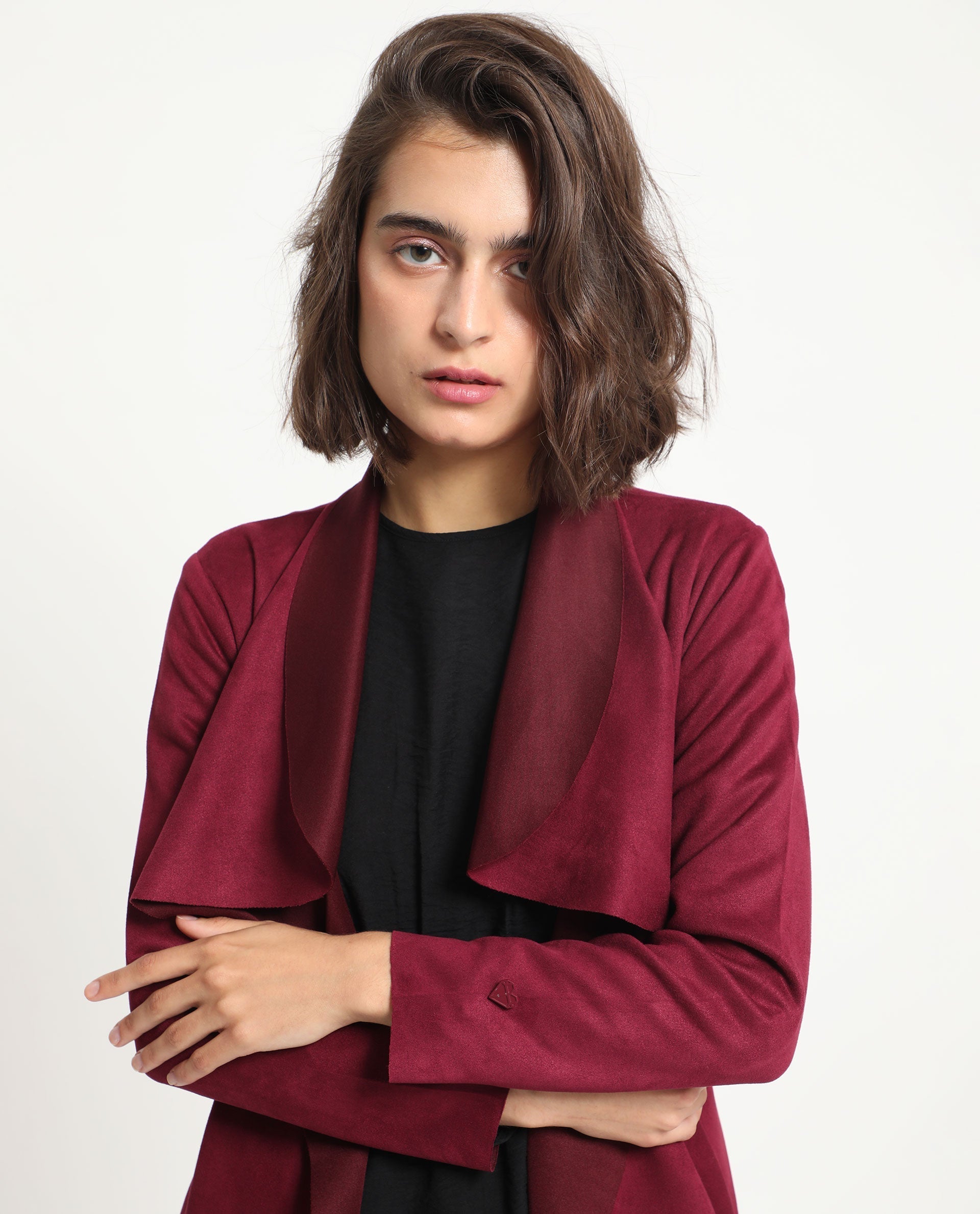 Rareism Women's Palmer 1 Maroon Polyester Cutaway Collar Plain Knee Length Relaxed Fit Jacket