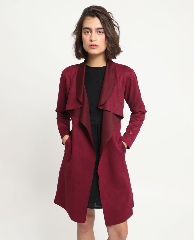 Rareism Women Palmer 1 Maroon Polyester Fabric Full Sleeves Cut Away Collar Relaxed Fit Plain Knee Length Jacket