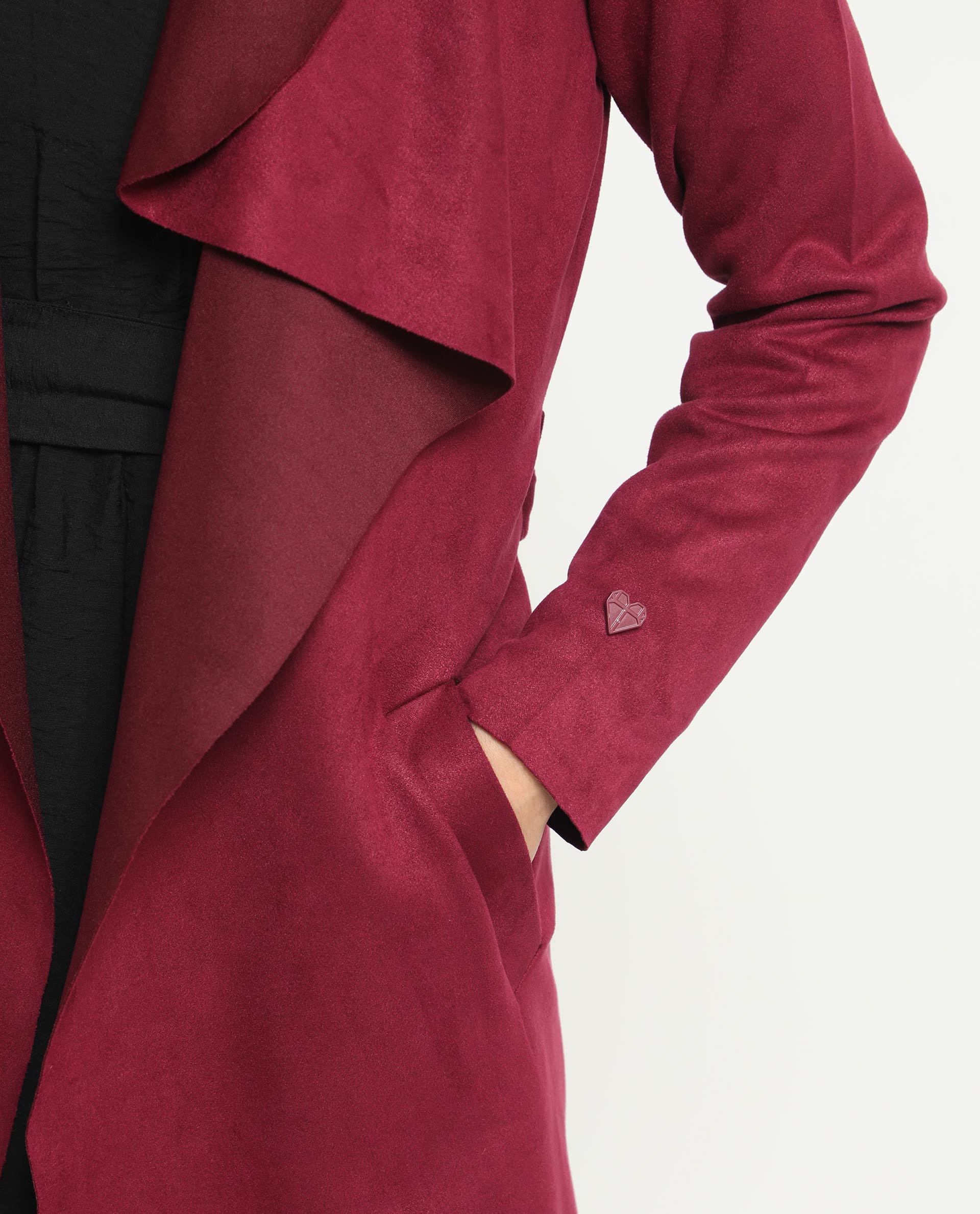 Rareism Women's Palmer 1 Maroon Polyester Cutaway Collar Plain Knee Length Relaxed Fit Jacket
