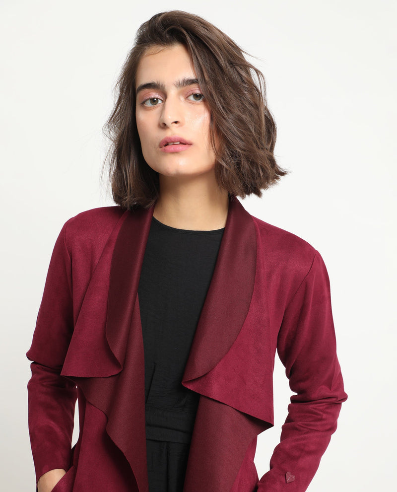 Rareism Women Palmer 1 Maroon Polyester Fabric Full Sleeves Cut Away Collar Relaxed Fit Plain Knee Length Jacket