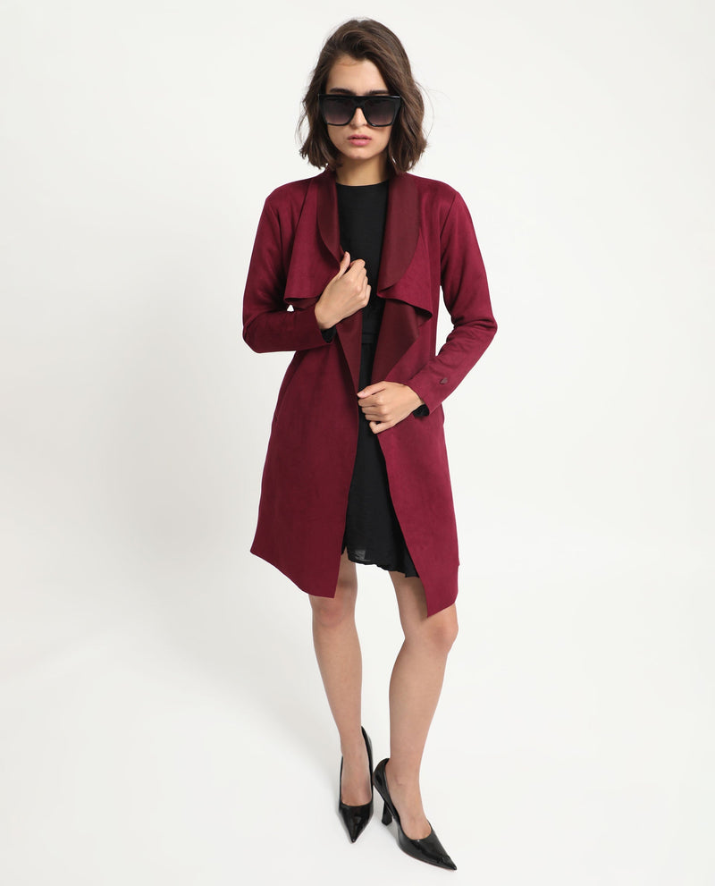 Rareism Women Palmer 1 Maroon Polyester Fabric Full Sleeves Cut Away Collar Relaxed Fit Plain Knee Length Jacket