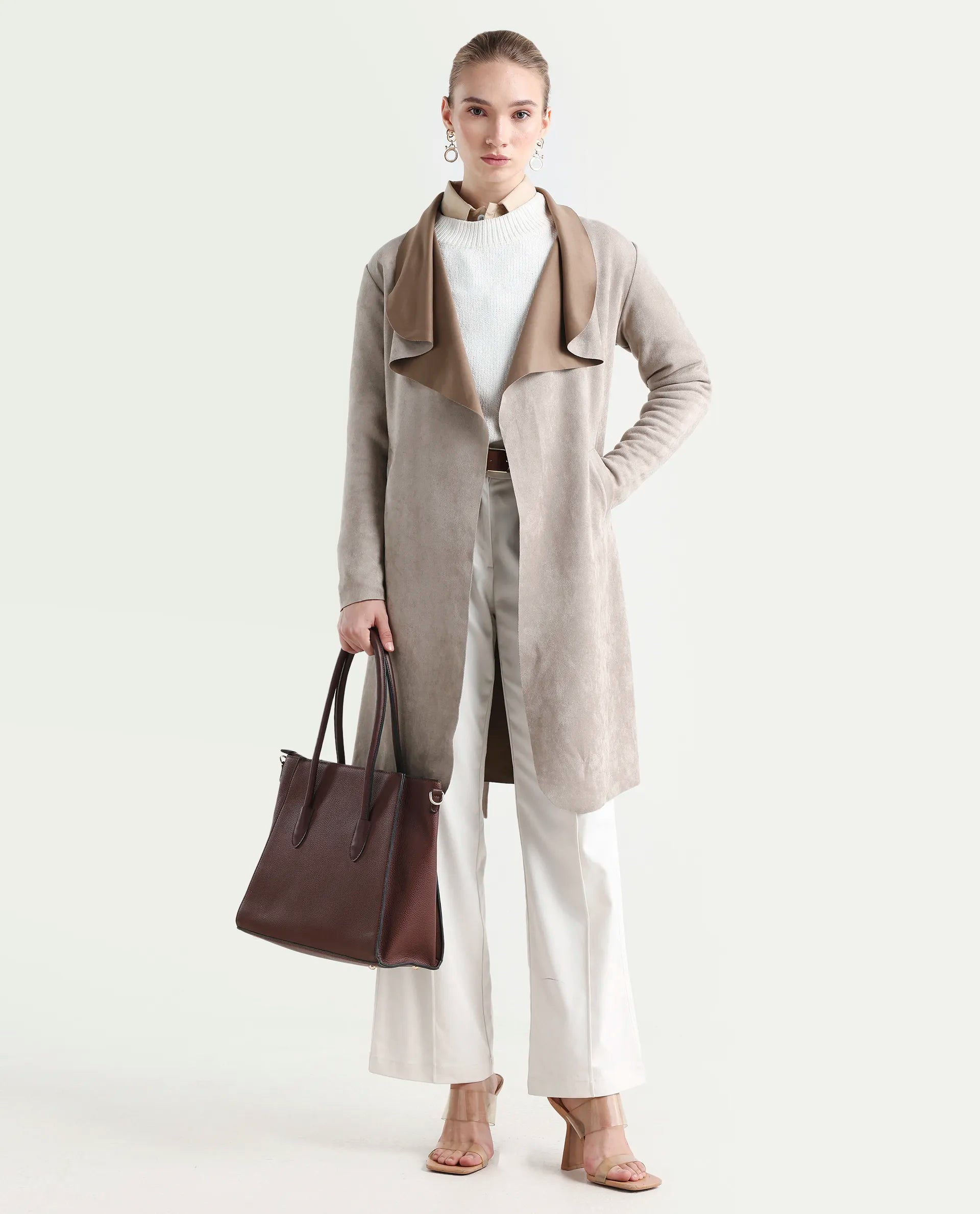 Rareism Women's Palmer-25 Off White Polyester Blend Fabric Lapel Neck Regular Fit Coat