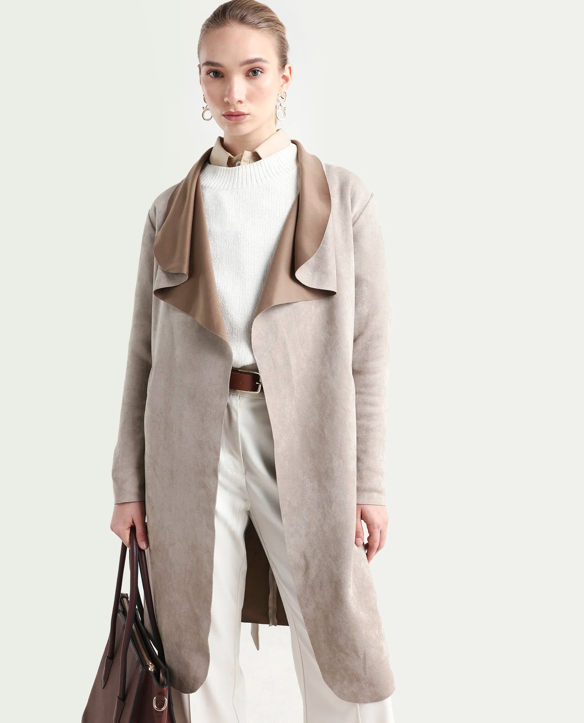 Rareism Women's Palmer-25 Off White Polyester Blend Fabric Lapel Neck Regular Fit Coat