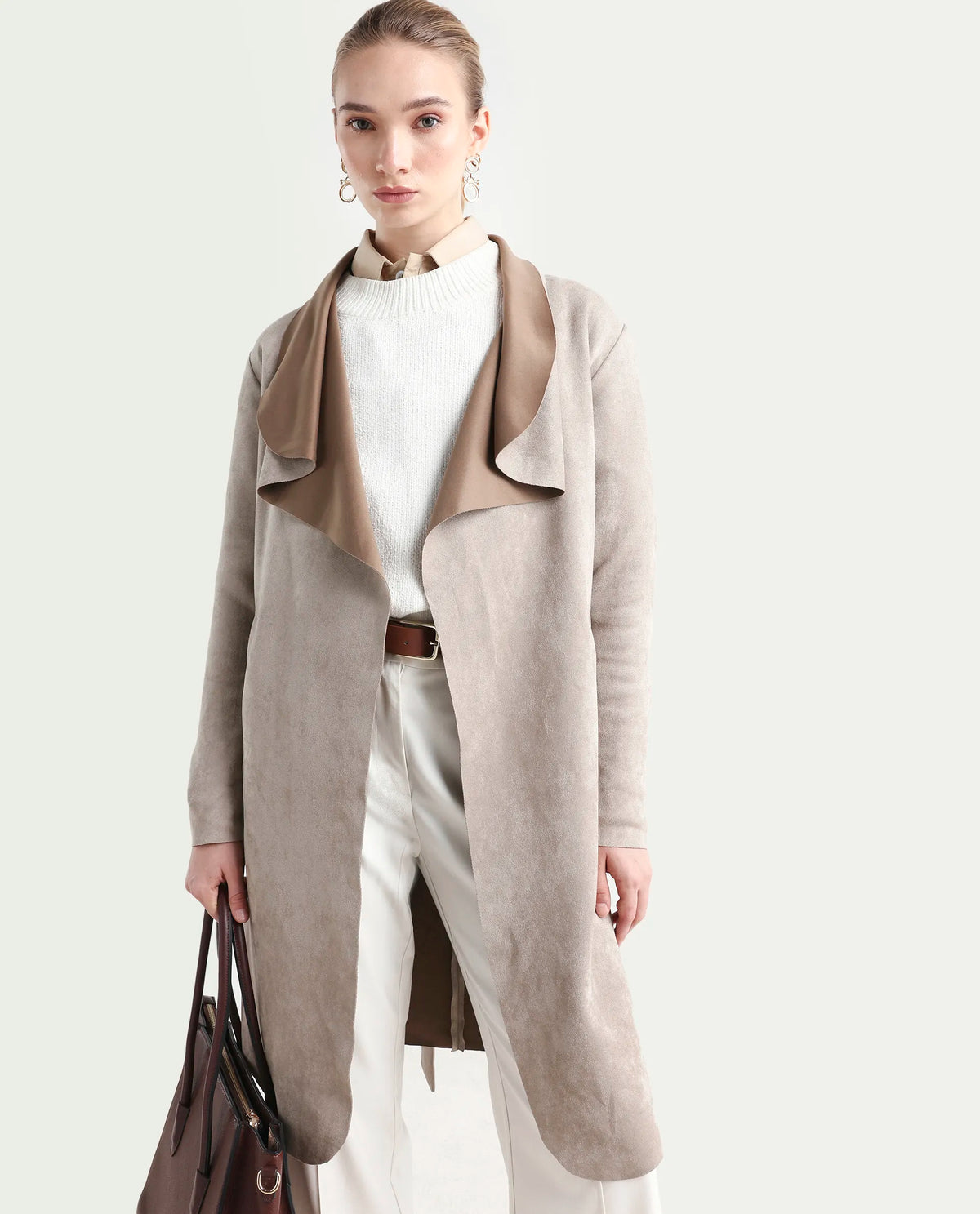 Rareism Women's Palmer-25 Off White Polyester Blend Fabric Lapel Neck Regular Fit Coat