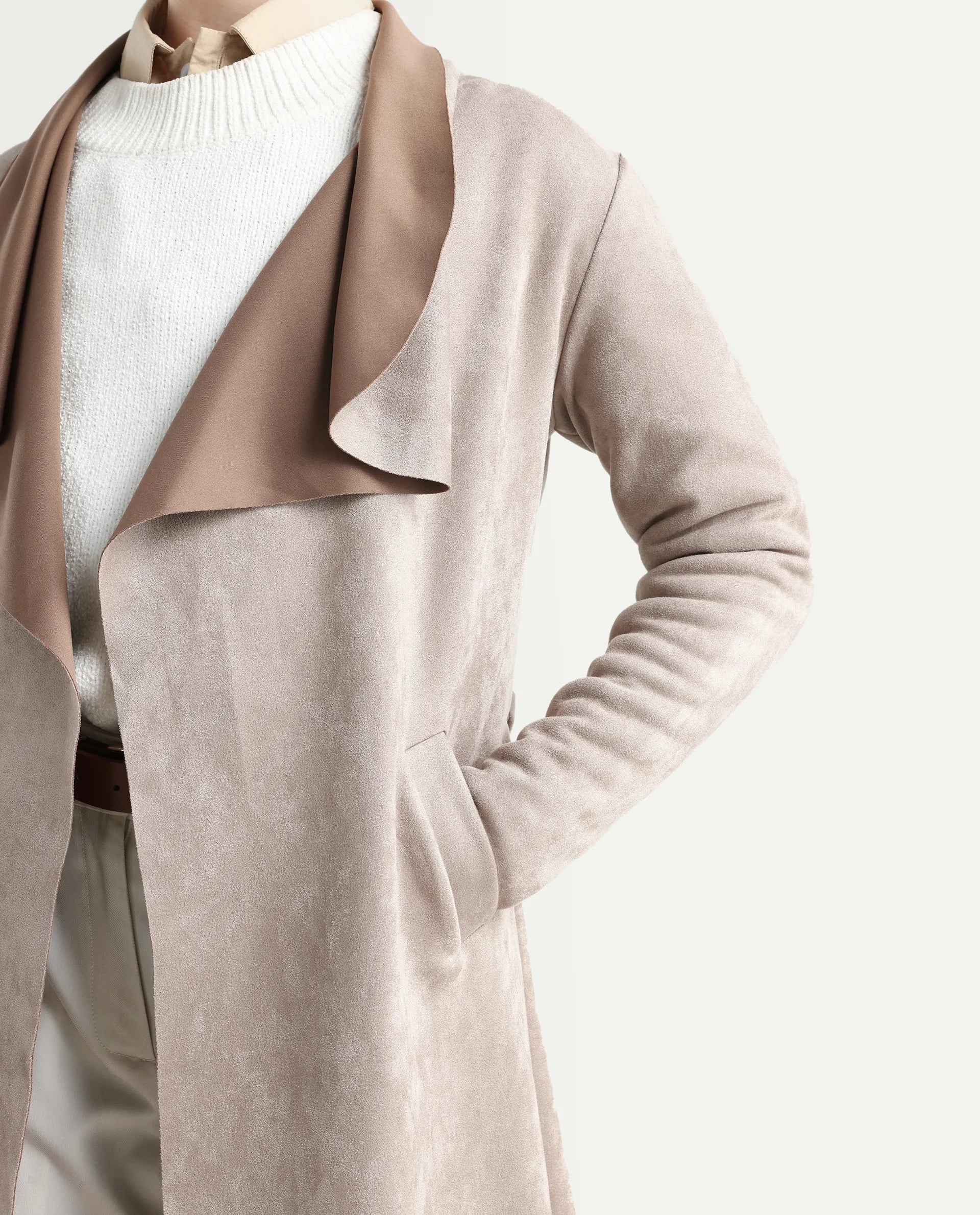 Rareism Women's Palmer-25 Off White Polyester Blend Fabric Lapel Neck Regular Fit Coat