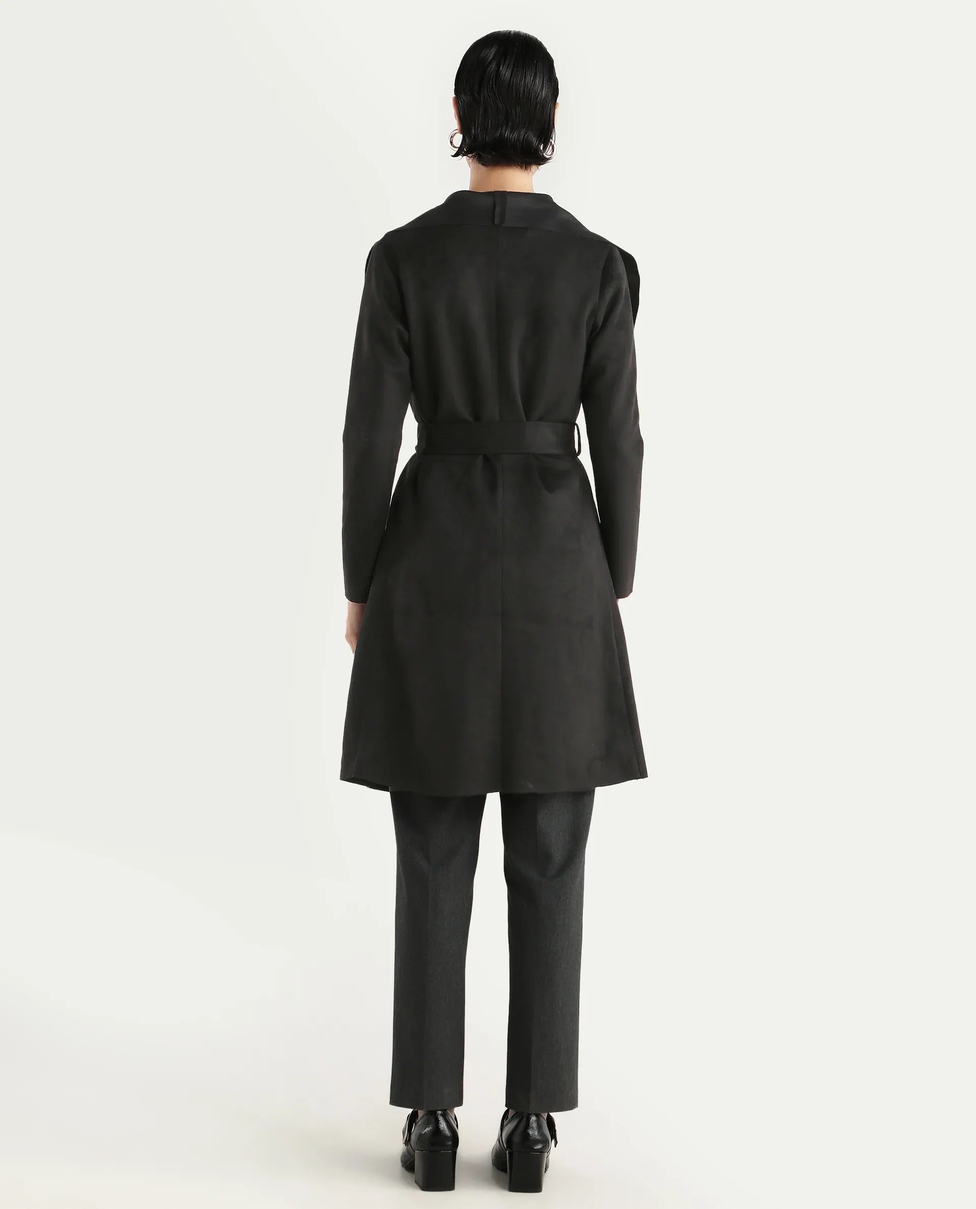 Rareism Women's Palmer 2 Black Polyester Blend Waterfall Neck Plain Midi Boxy Fit Jacket