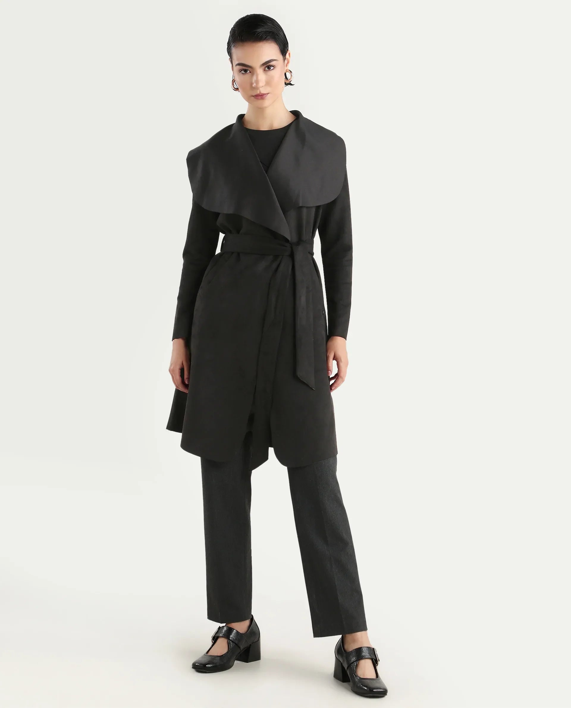 Rareism Women's Palmer 2 Black Suede Waterfall Neck Plain Midi Boxy Fit Jacket