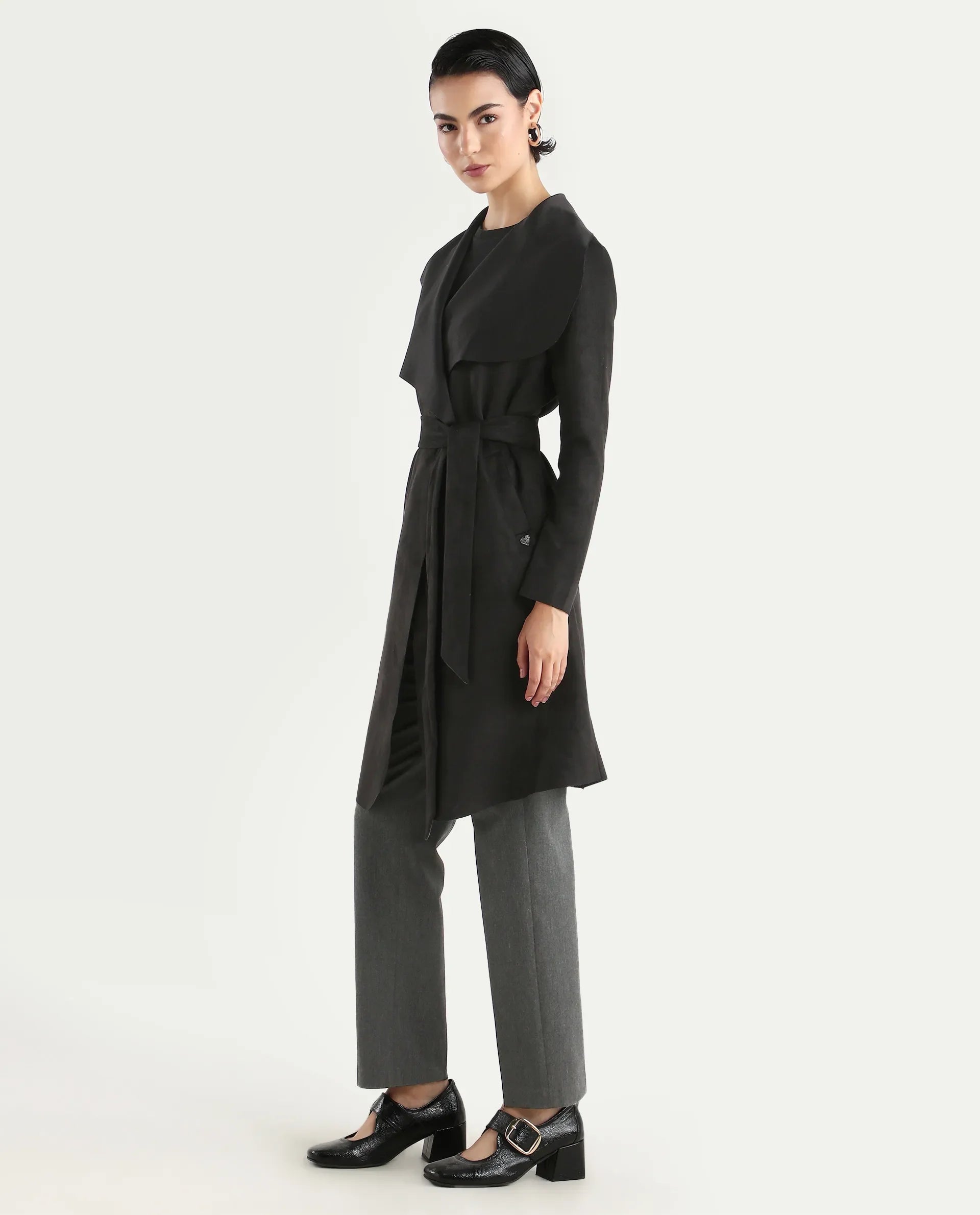 Rareism Women's Palmer 2 Black Polyester Blend Waterfall Neck Plain Midi Boxy Fit Jacket