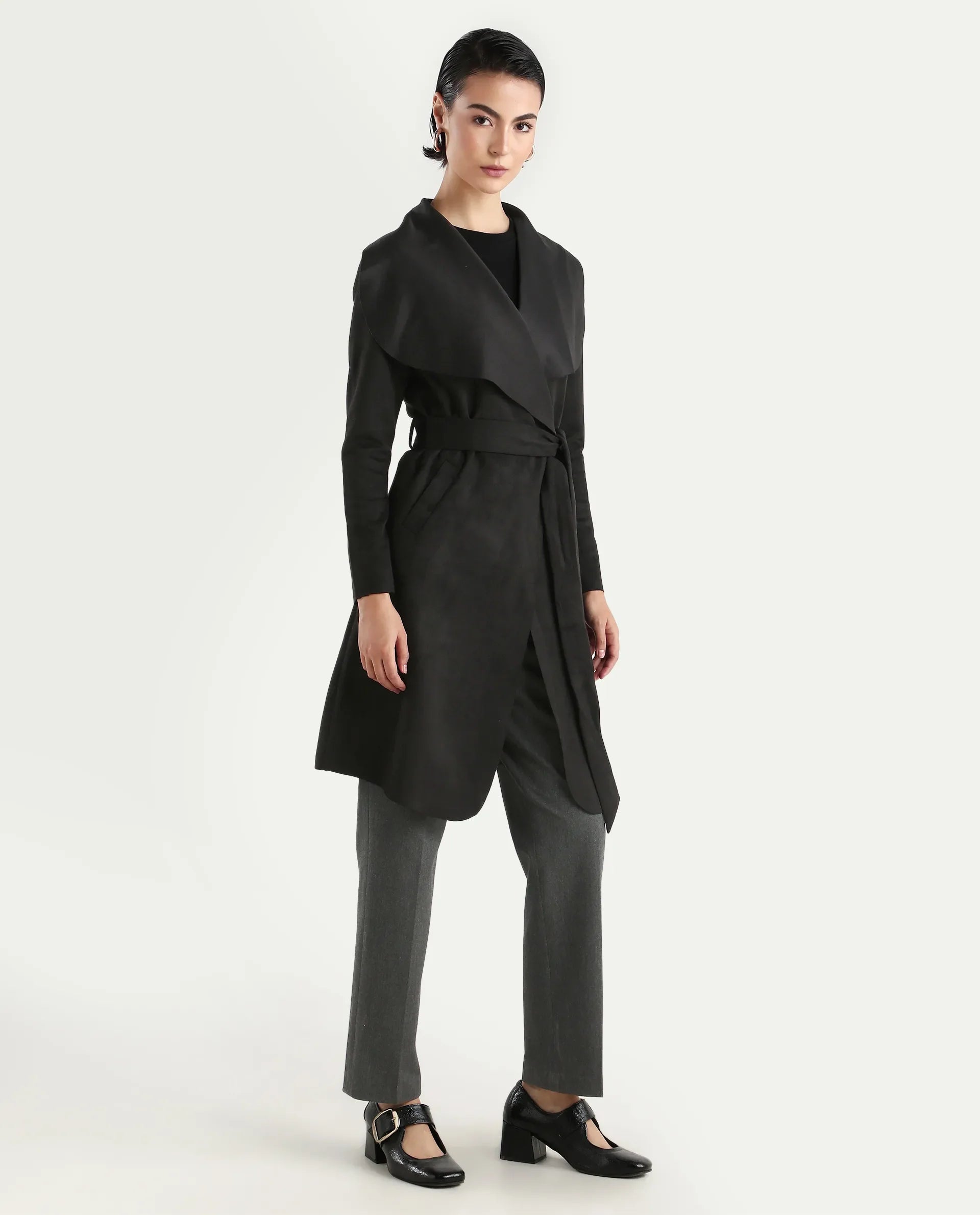 Rareism Women's Palmer 2 Black Suede Waterfall Neck Plain Midi Boxy Fit Jacket