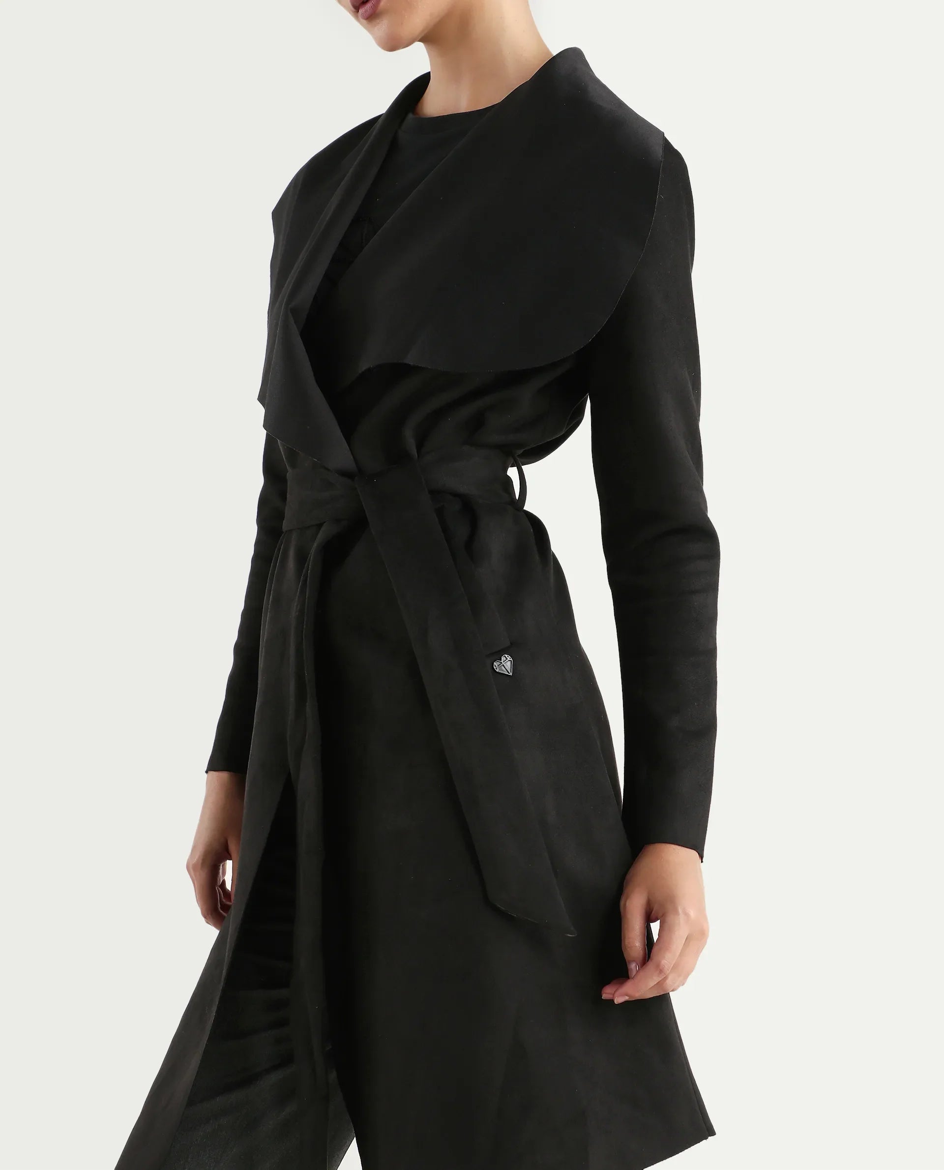 Rareism Women's Palmer 2 Black Suede Waterfall Neck Plain Midi Boxy Fit Jacket