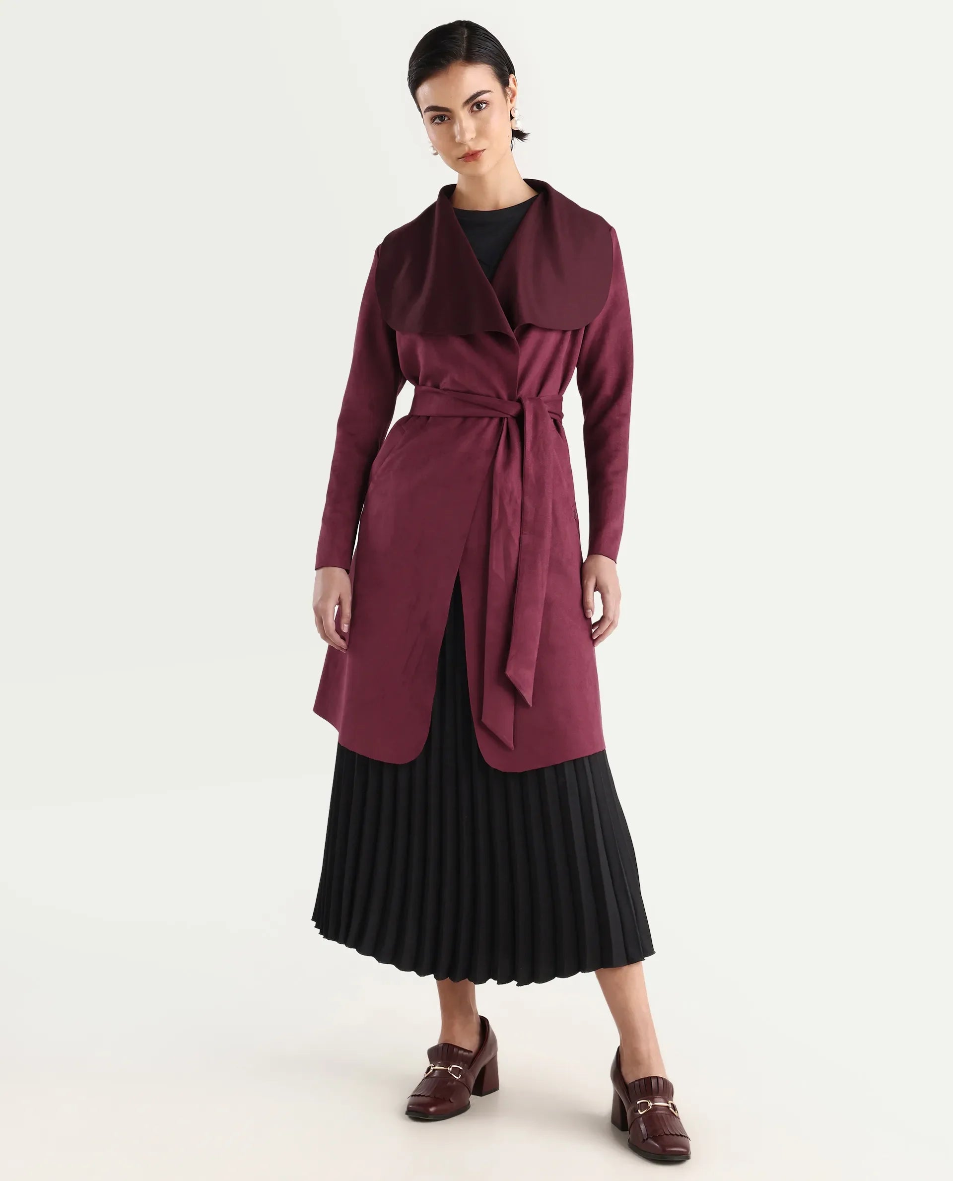 Rareism Women's Palmer 2 Maroon Suede Waterfall Neck Plain Midi Boxy Fit Jacket
