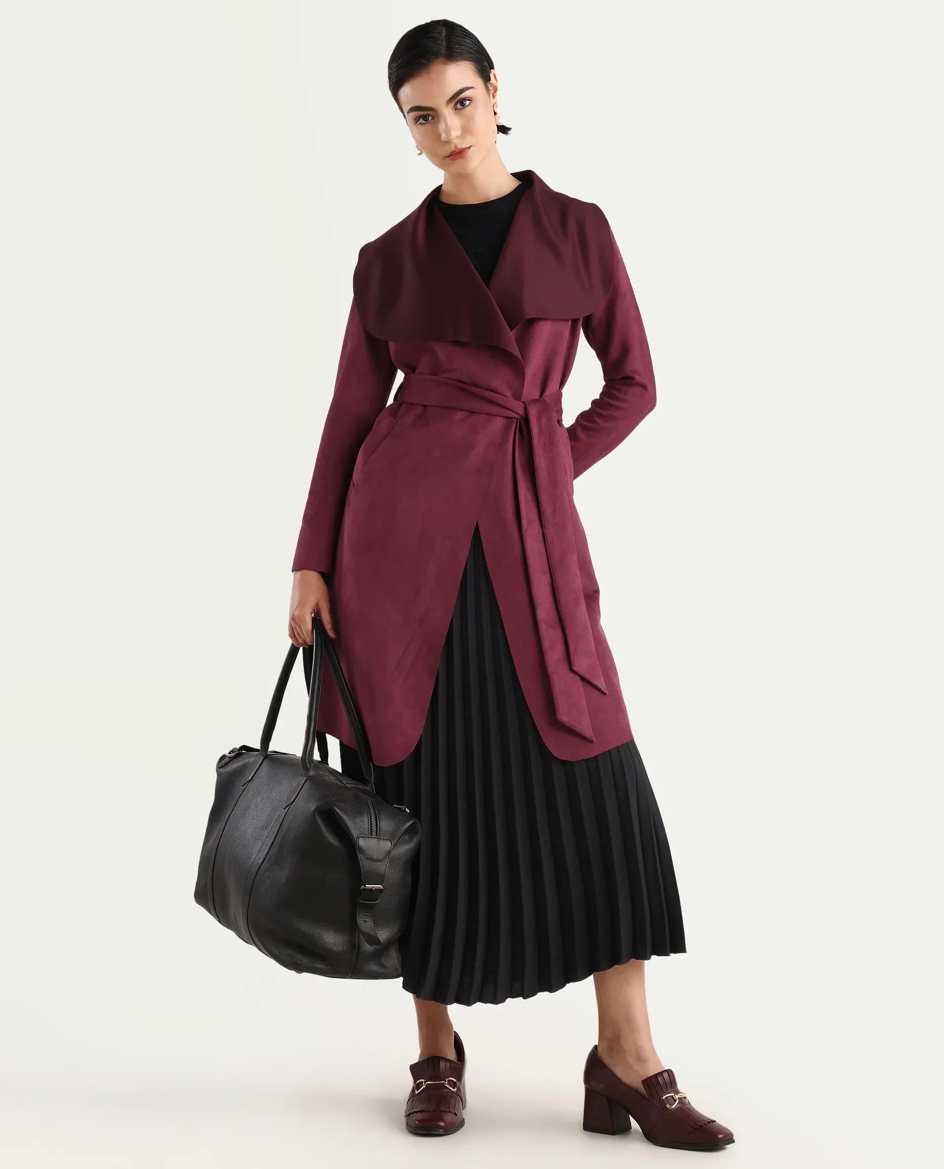 Rareism Women's Palmer 2 Maroon Suede Waterfall Neck Plain Midi Boxy Fit Jacket