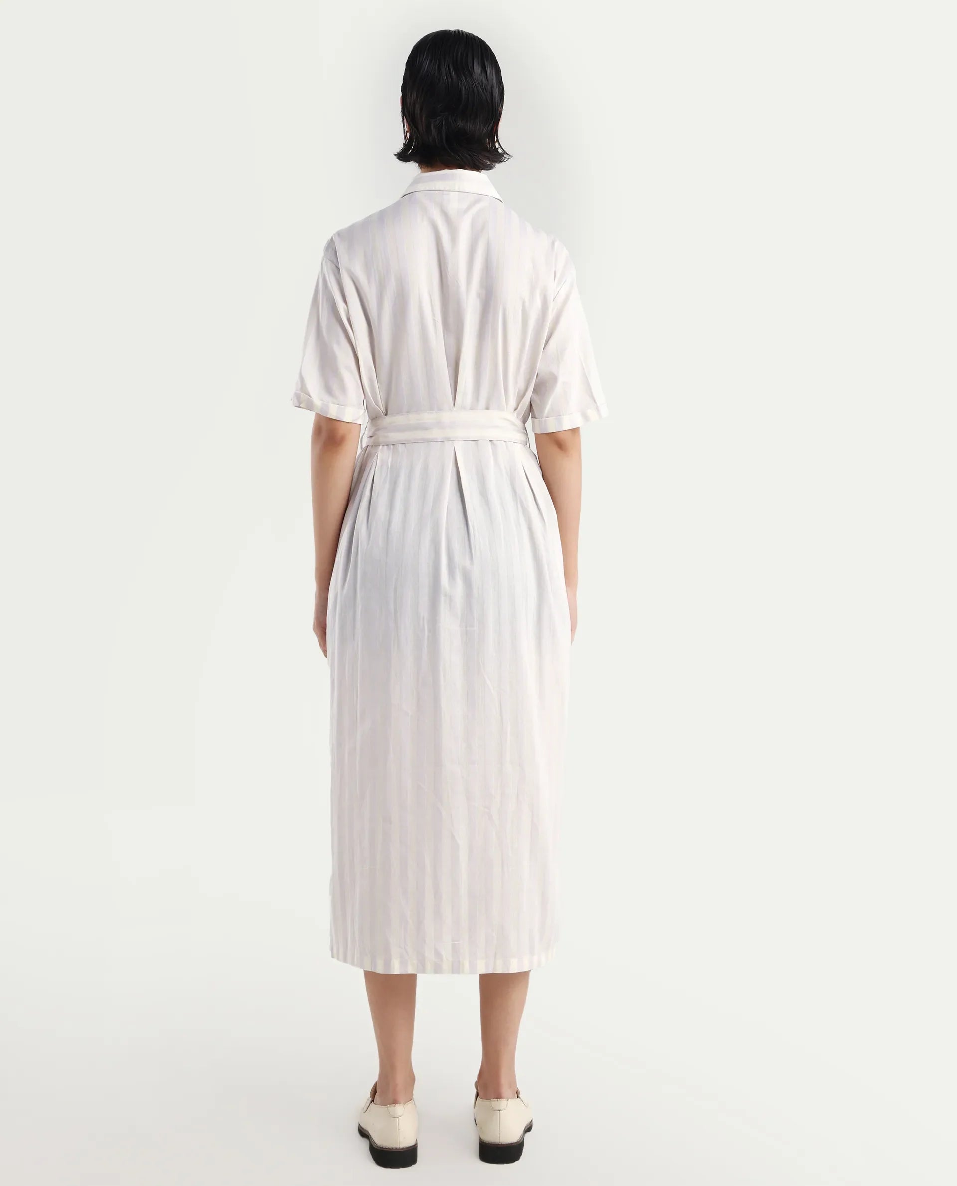 Rareism Women's Paris Yellow Spread Collar Striped Knee Length Regular Fit Dress